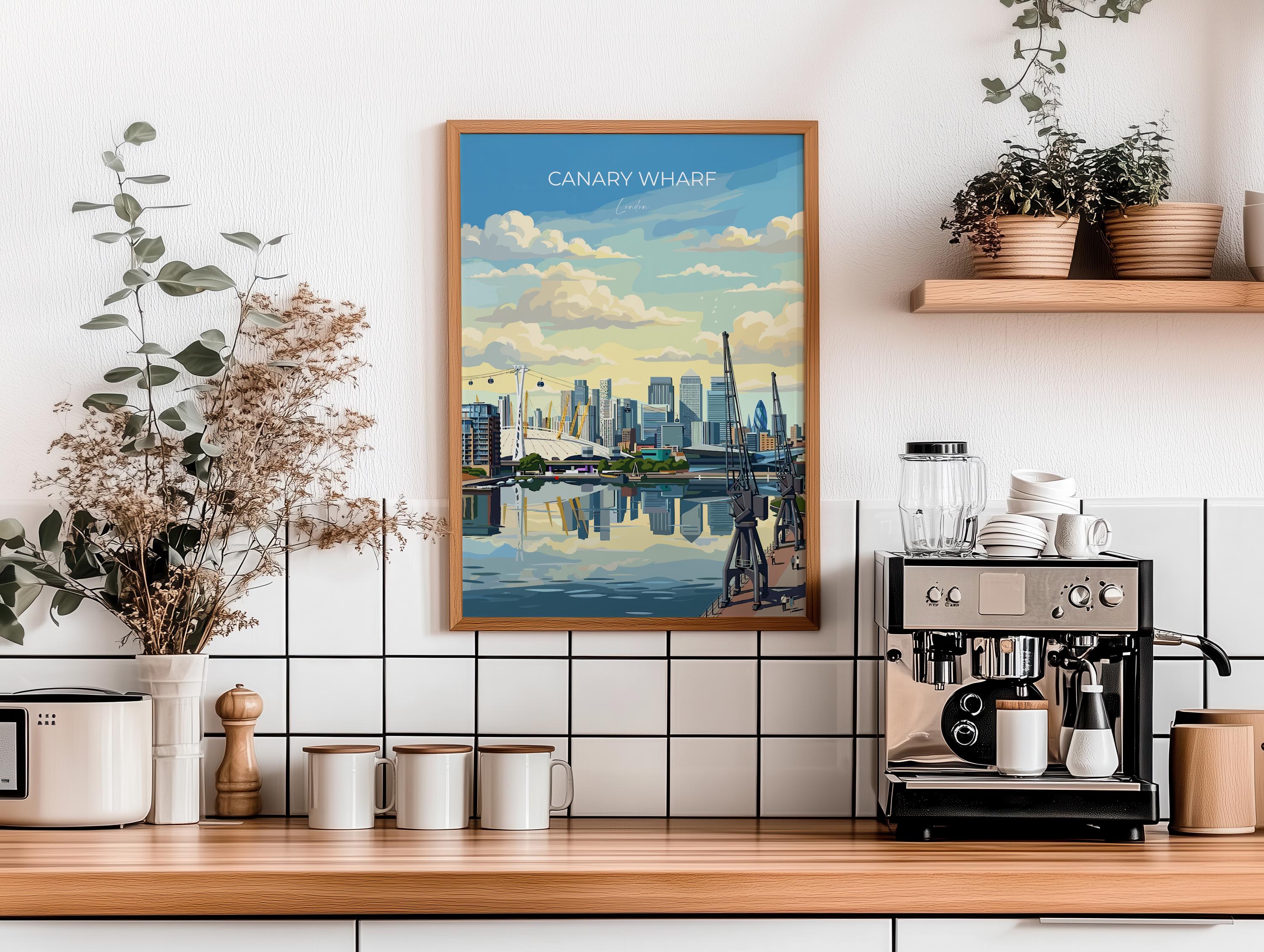 Canary Wharf London Travel Print, Royal Victoria Dock Wall Art, London Skyline Poster, O2 & Cable Car, East London Travel Poster