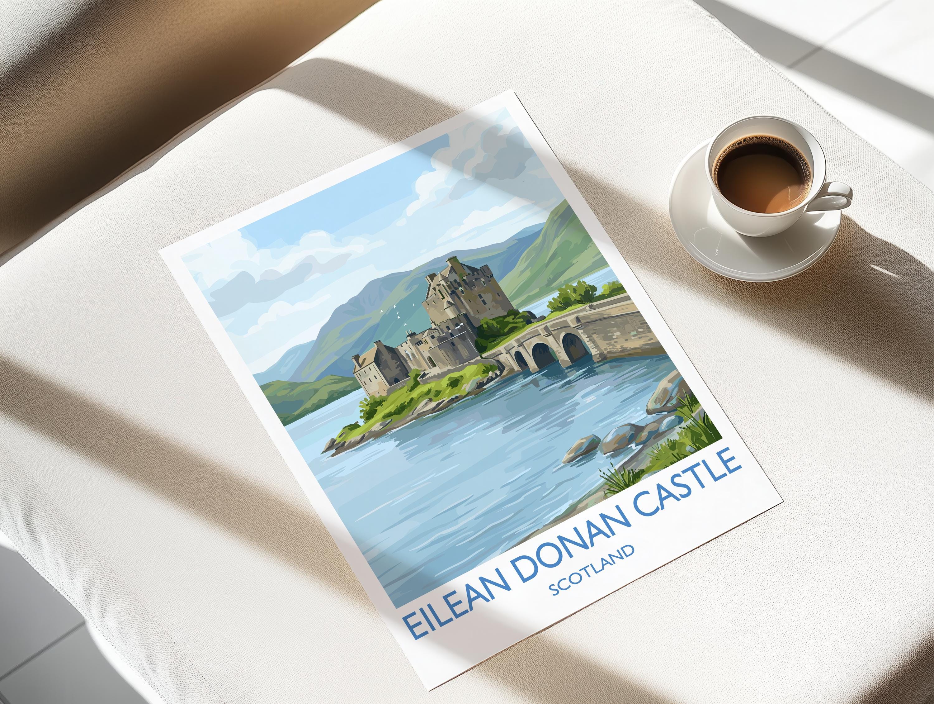 Eilean Donan Castle Scotland Travel Poster, Scottish Highlands Castle Wall Art, Landscape Print, Iconic Scotland Illustration, UK Decor