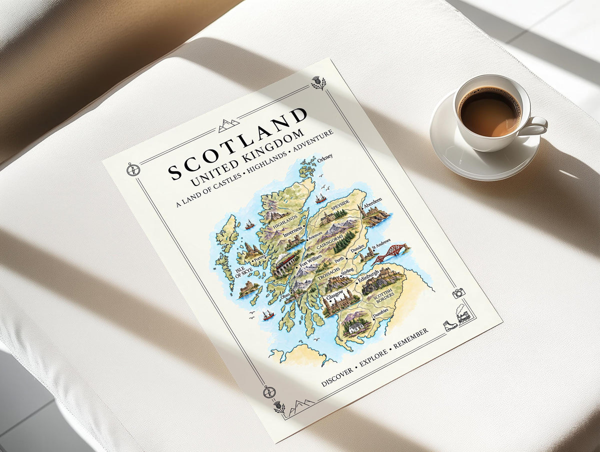 Scotland Illustrated Map Print, UK Wall Art, Highlands Map Poster, Framed or Canvas Print, Scotland Gift Print