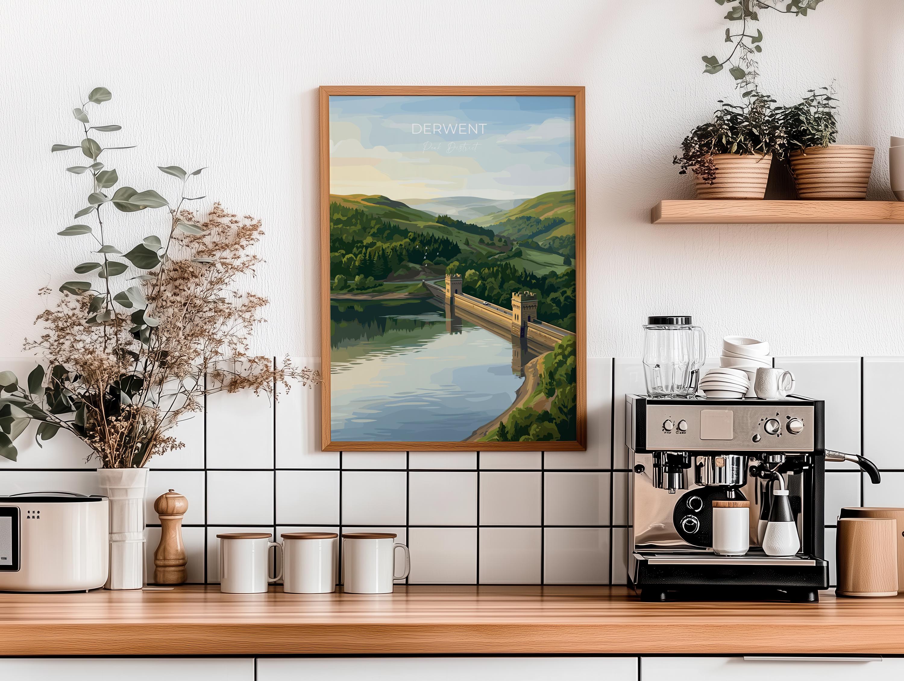Derwent Reservoir Dam Travel Print, Peak District Wall Art, Ladybower Dam Poster, Derbyshire Landscape Illustration, UK Nature Decor NQ Media Designs