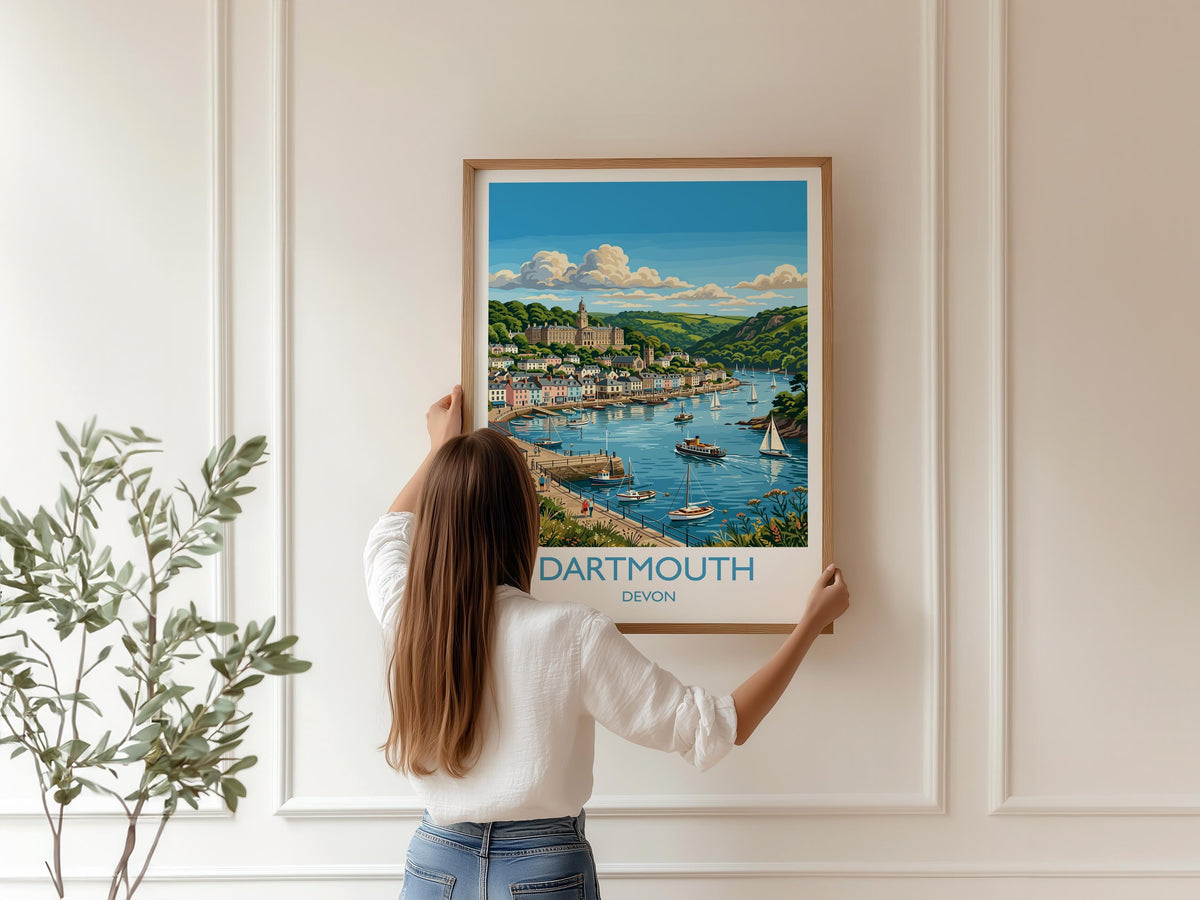 Dartmouth Print, Devon Travel Poster with White Border, River Dart Wall Art, Britannia Royal Naval College Print, Devon Coastal Gift