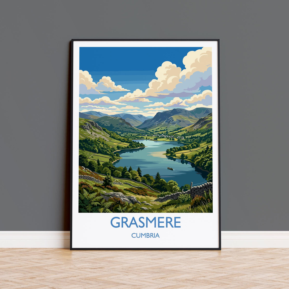 Grasmere Print, Lake District Wall Art with Border, Cumbria Poster, England Travel Print, Grasmere Gift Print