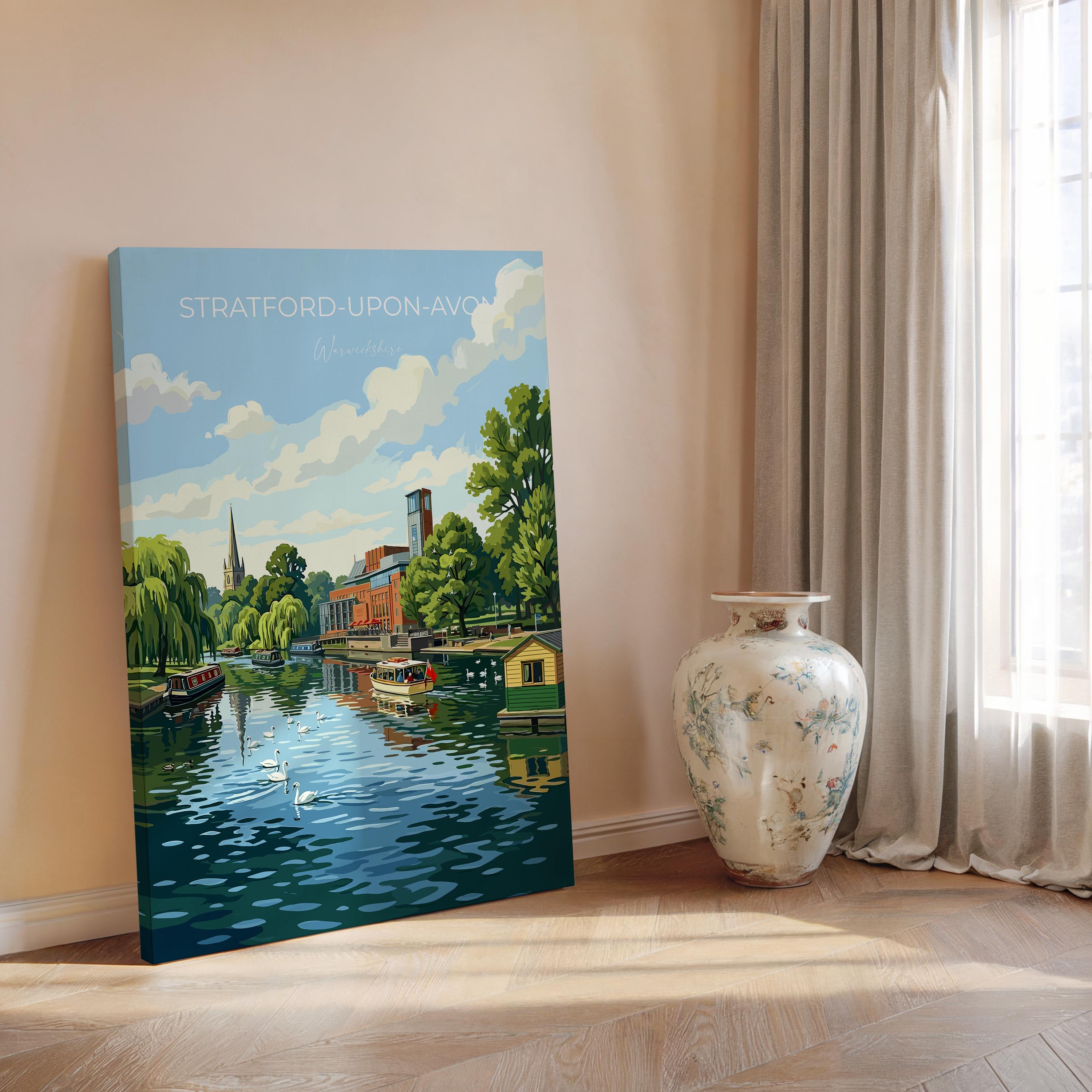 Stratford upon Avon Travel Print, River Avon Wall Art, Royal Shakespeare Theatre Poster, Holy Trinity Church Illustration, UK Decor