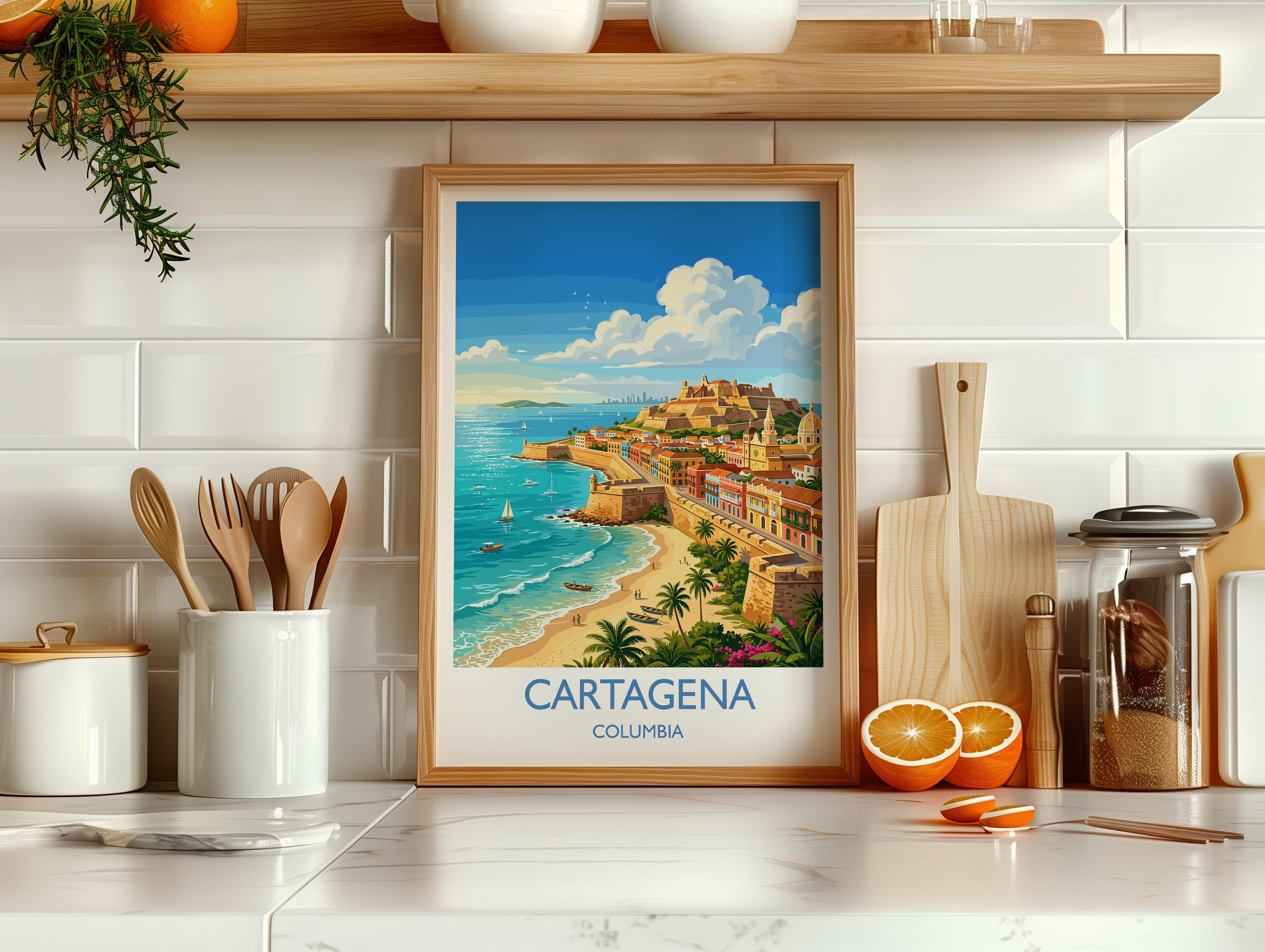 Cartagena Colombia Travel Poster, Colourful Old Town Street Art, Cartagena Street Scene Print, Caribbean Travel Wall Art, Vintage Style Art