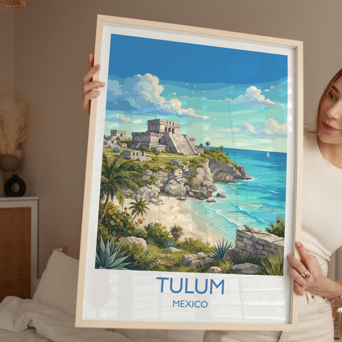 Tulum Mexico Print, Mayan Ruins Wall Art with Border, Caribbean Poster, Mexico Travel Print, Tulum Gift Print