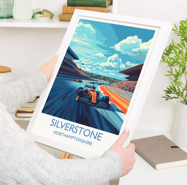 Silverstone Travel Poster Wall Art, Travel Print of Silverstone, Motorsport Art Lovers Gift, Northamptonshire, English Countryside