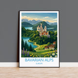 Bavarian Alps Travel Poster, Neuschwanstein Castle Wall Art, Bavaria Germany Print, Alpine Mountain Landscape Illustration, Europe Decor