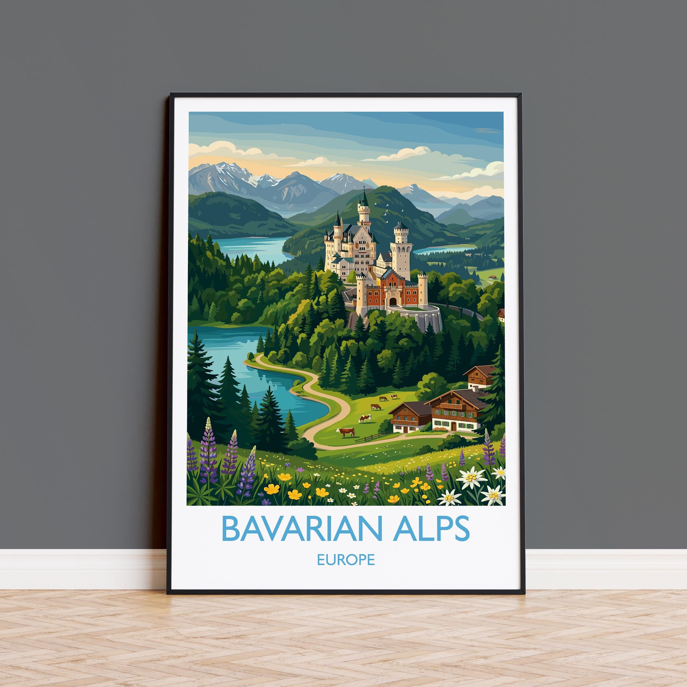 Bavarian Alps Travel Poster, Neuschwanstein Castle Wall Art, Bavaria Germany Print, Alpine Mountain Landscape Illustration, Europe Decor