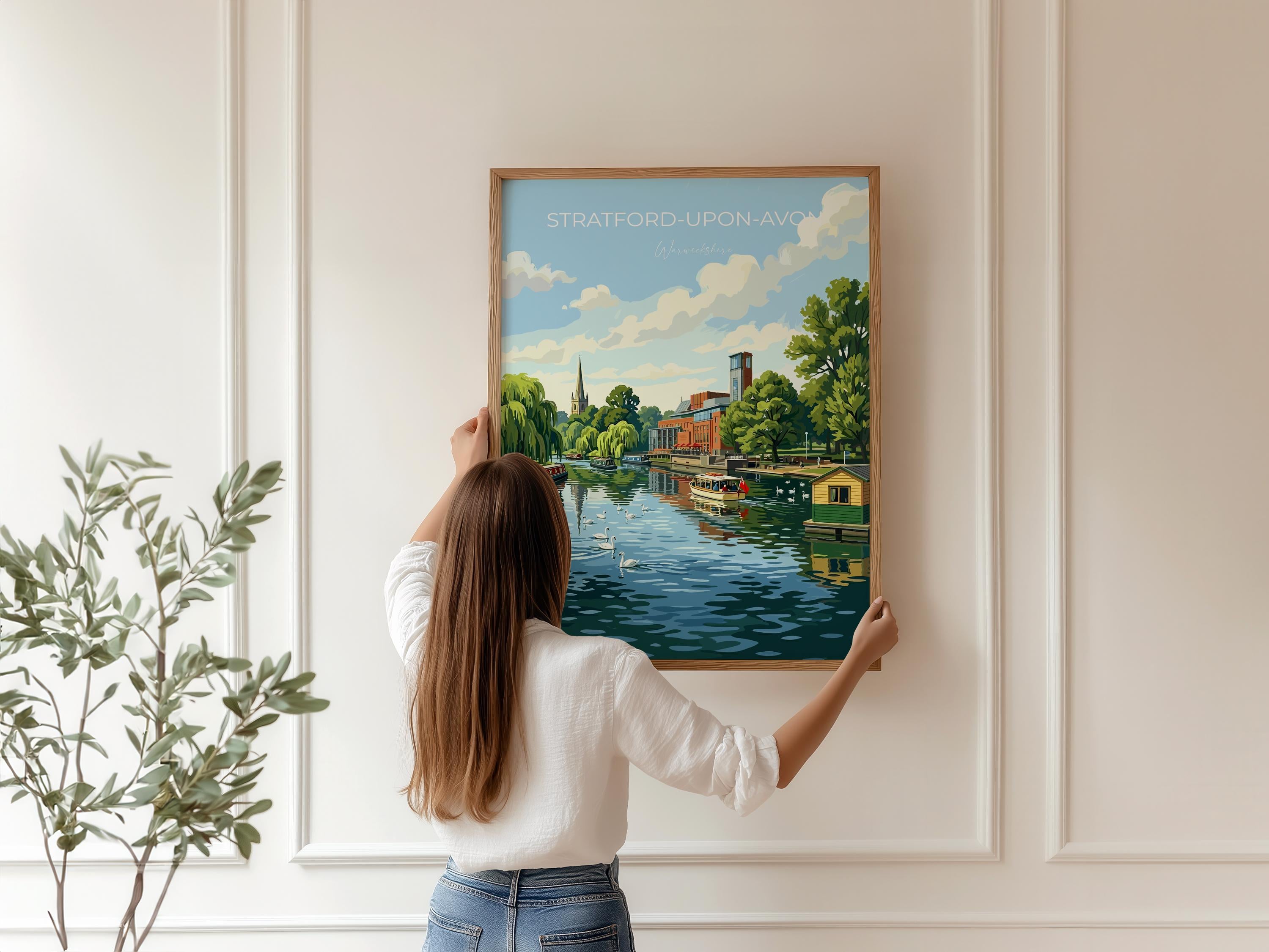 Stratford upon Avon Travel Print, River Avon Wall Art, Royal Shakespeare Theatre Poster, Holy Trinity Church Illustration, UK Decor