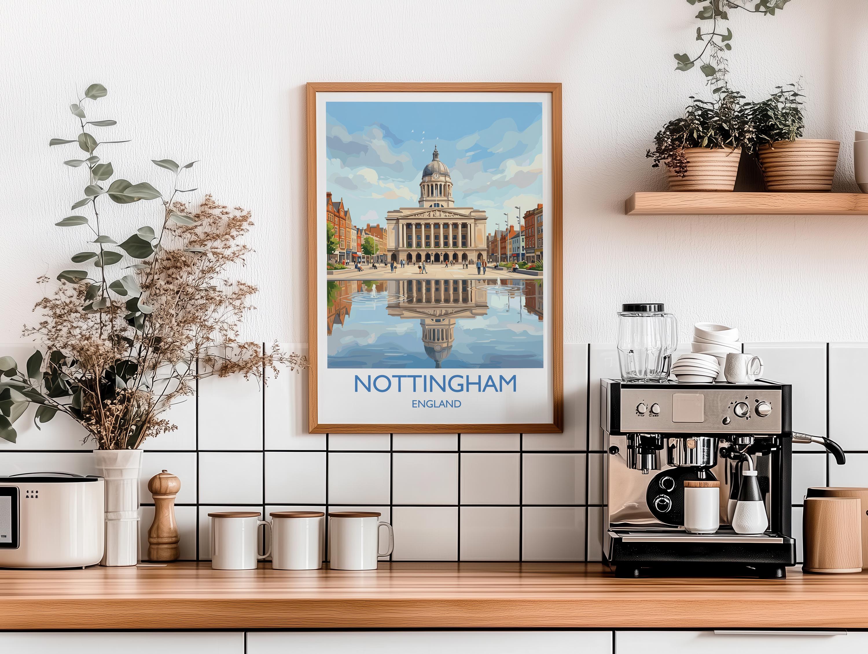 Nottingham Travel Poster, Exchange Building Wall Art, Old Market Square Print, Nottingham City Illustration, UK City Decor, Nottingham Gift