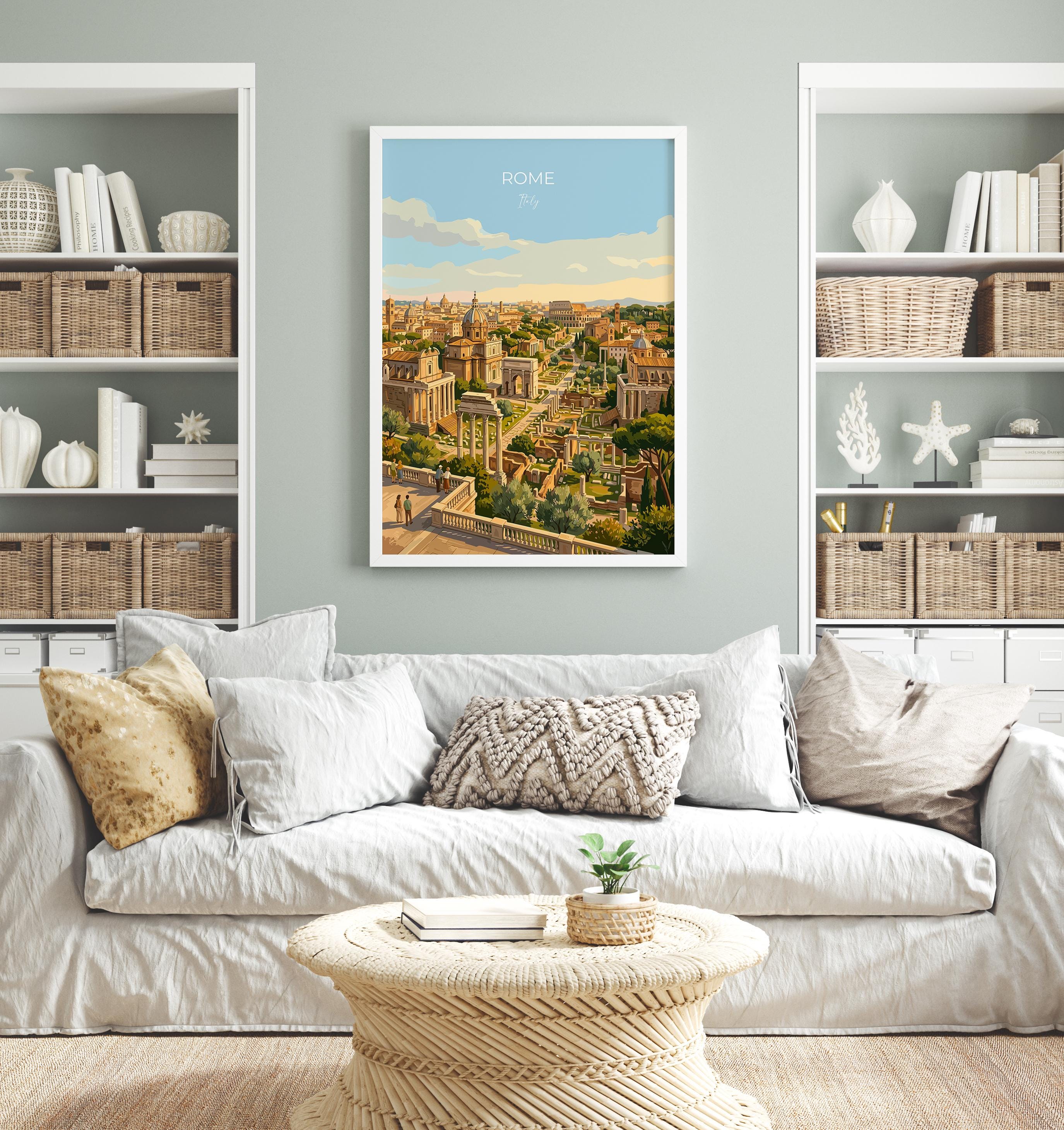 Rome Forum Travel Poster, Roman Forum Ruins Wall Art, Ancient Rome Landscape Print, Historic Architecture Illustration, Italy Decor