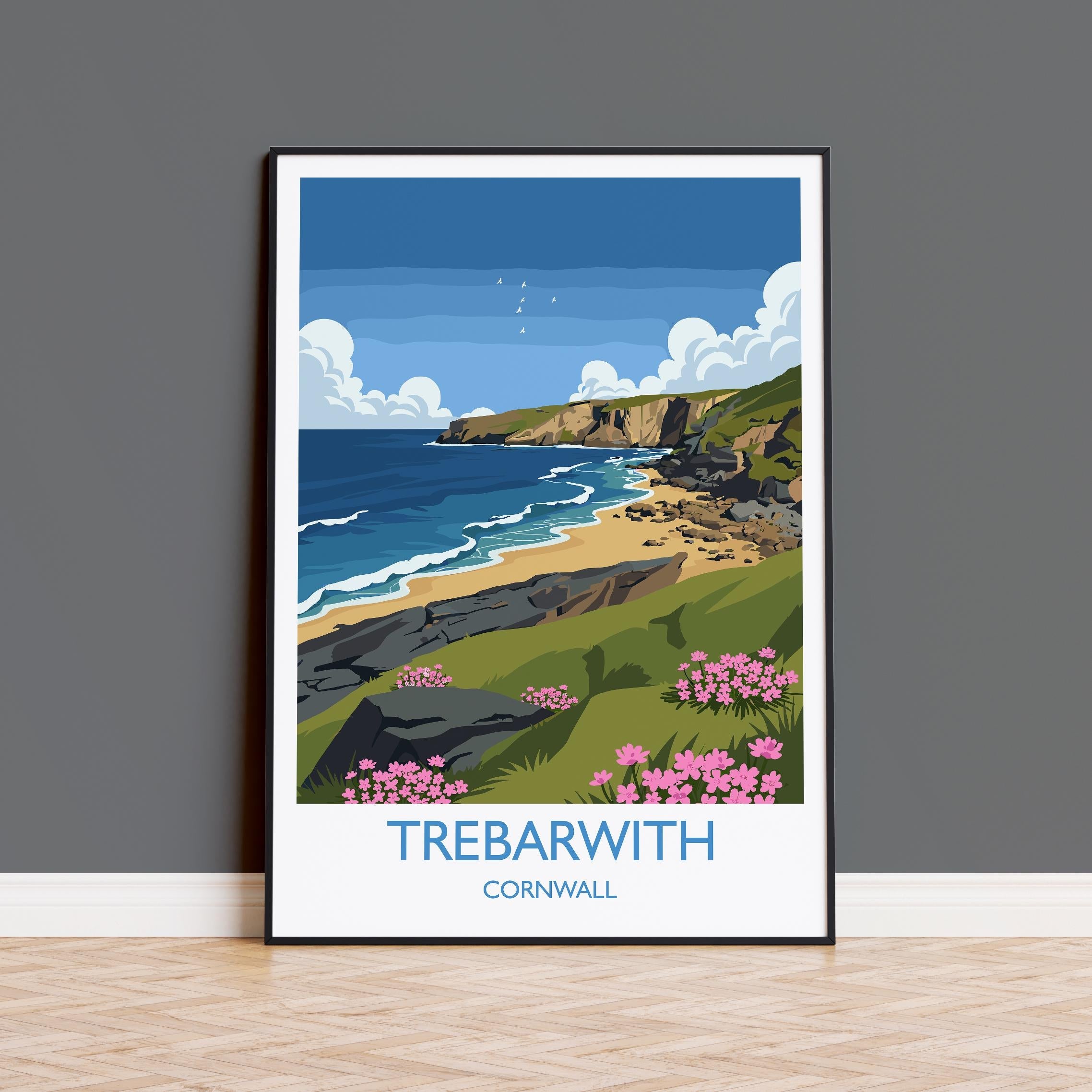 Trebarwith Travel Print, Travel Poster of Trebarwith, England, Cornwall Art, Trebarwith Art Lovers Gift, Wall Art Print NQ Media Designs