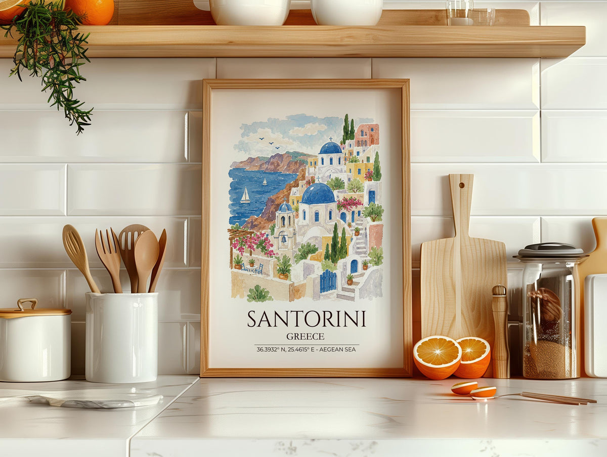 Santorini Greece Watercolour Print, Oia Sunset Wall Art, Blue Dome Church Poster, Aegean Sea Print, Greek Island Watercolour