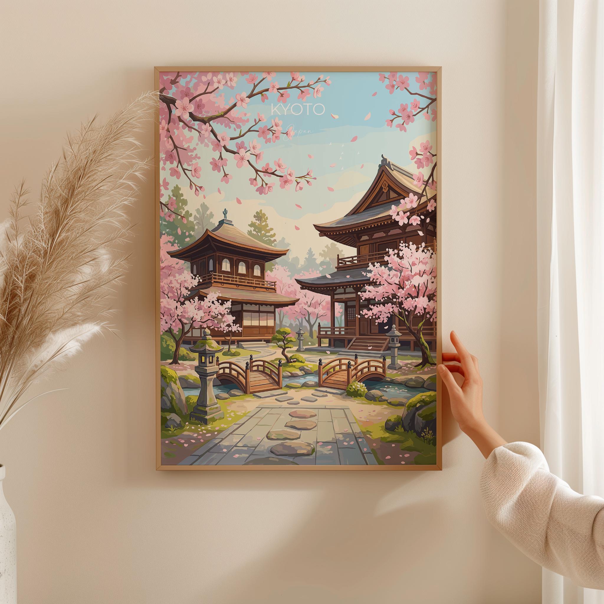 Kyoto Japan Travel Print, Cherry Blossom Temple Wall Art, Japanese Landscape Poster, Sakura Illustration, Asia Decor, Kyoto Gift