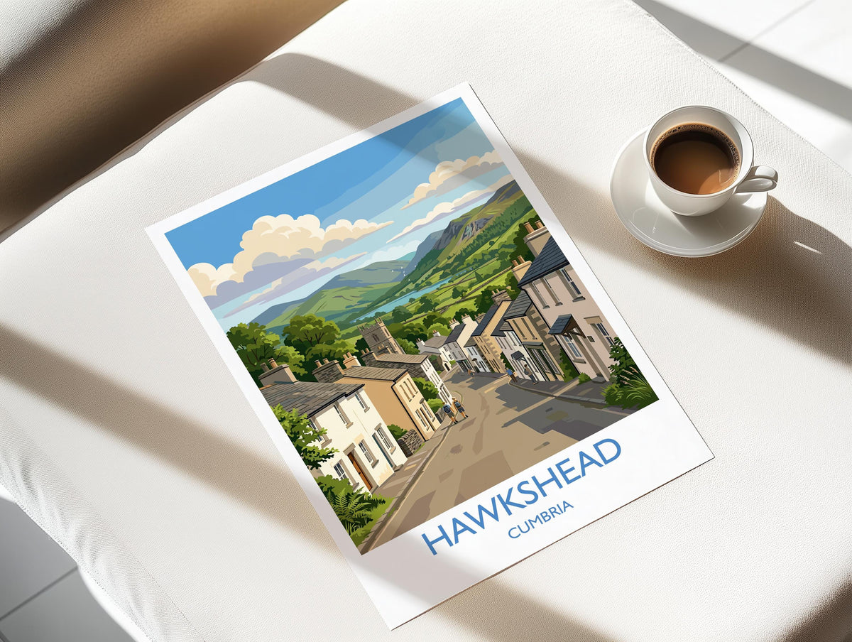 Hawkshead Print, Lake District Wall Art with Border, Cumbria Poster, England Travel Print, Hawkshead Gift Print