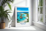 Maldives Indian Ocean Travel Poster, Tropical Island Wall Art, Maldives Beach Print, Overwater Bungalows, Luxury Island Travel Poster