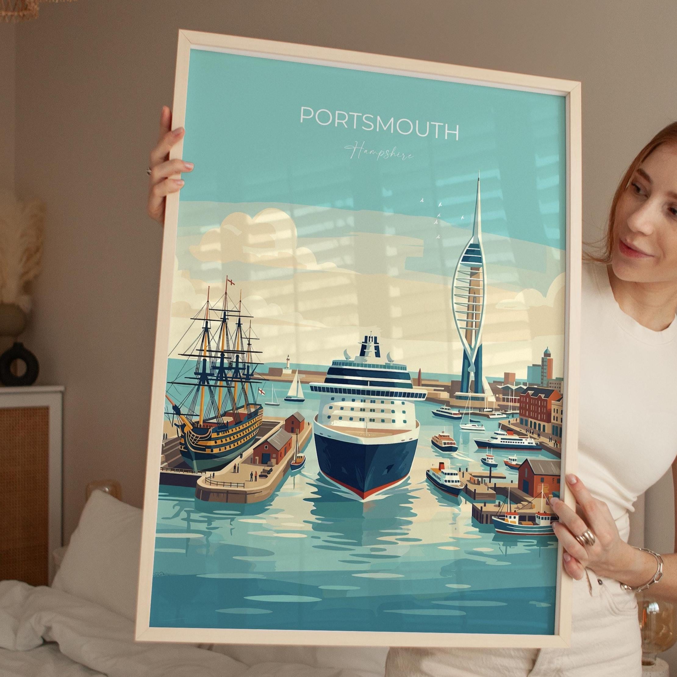 Portsmouth Travel Print Poster, Southsea & Spinnaker Tower Wall Art, Hampshire Coastal City Illustration, UK Travel Decor, Seaside Gift NQ Media Designs