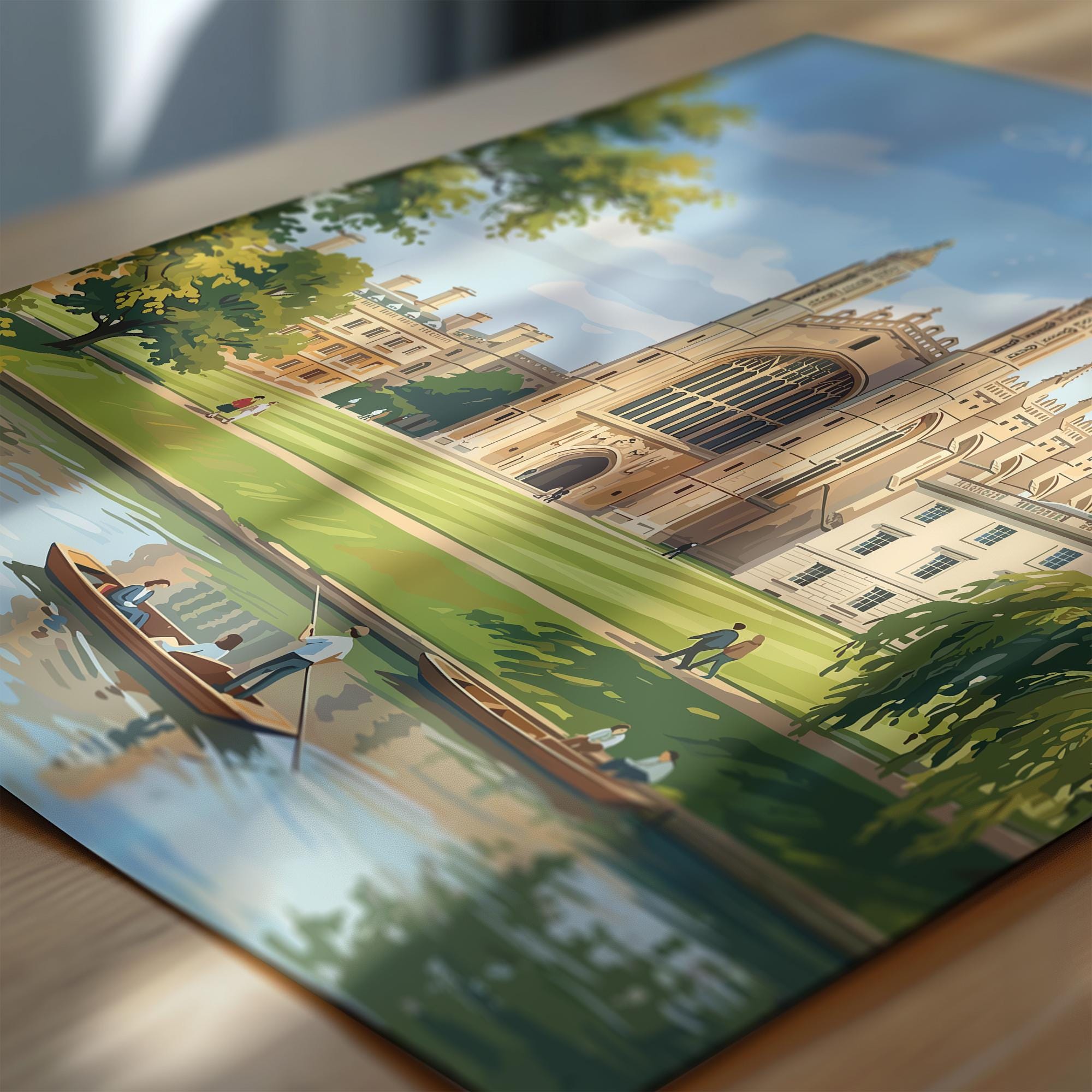 Cambridge Travel Print, Kings College Cambridge Wall Art, River Cam Punting Scene Poster, Historic University Illustration, City Style UK NQ Media Designs