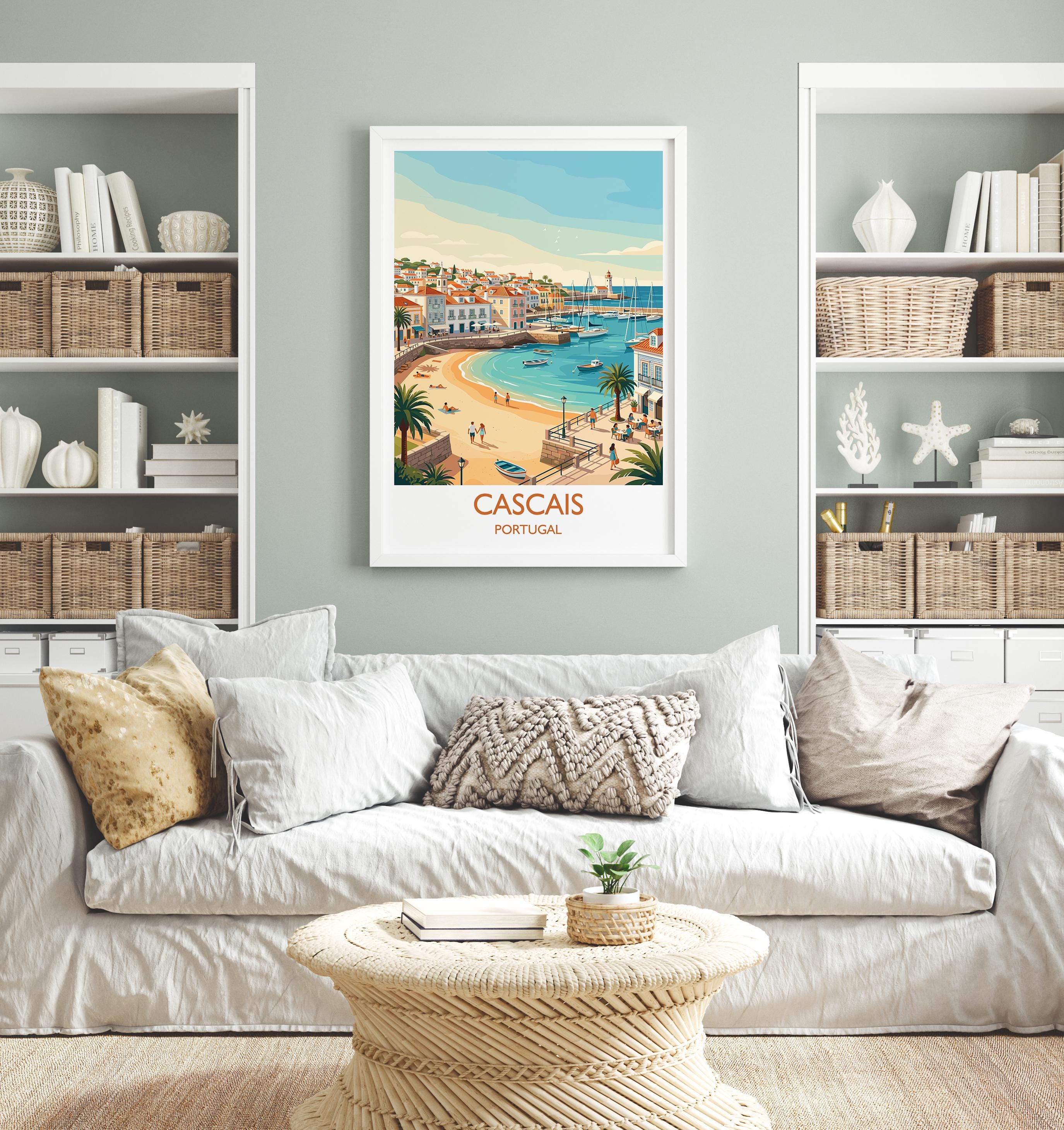 Cascais Portugal Travel Poster, Portuguese Coast Wall Art, Seaside Town Print, Atlantic Ocean Landscape Illustration, Europe Decor