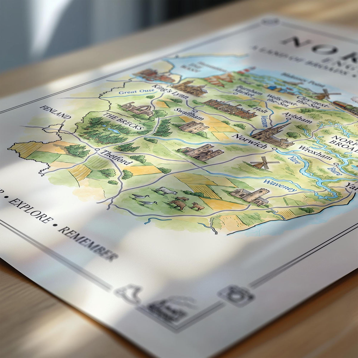 Norfolk Illustrated Map Print, England Wall Art, Norfolk Broads Map Poster, Framed or Canvas Print, Norfolk Gift