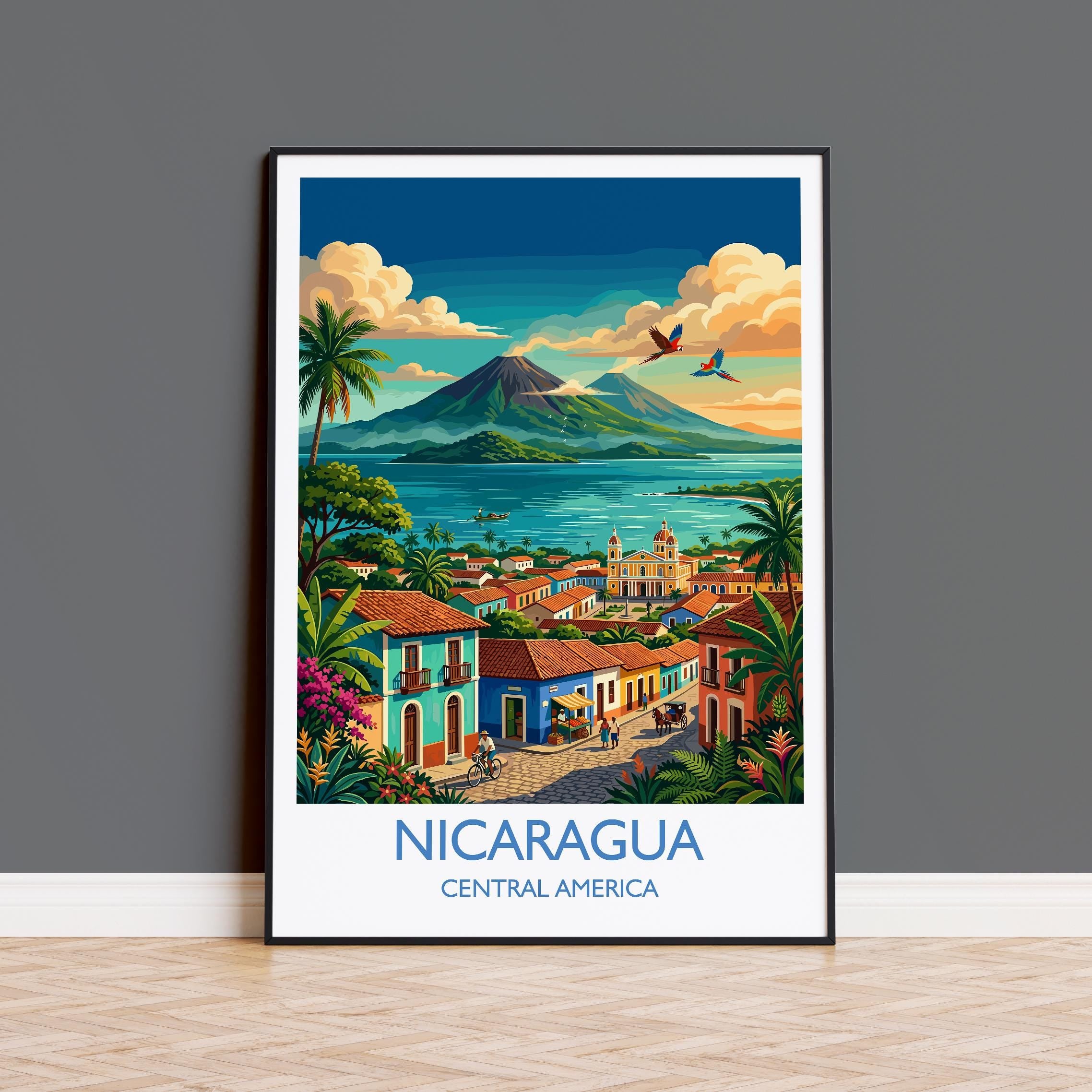 Nicaragua Travel Print, Granada Cathedral Wall Art with Border, Ometepe Volcano Poster, Lake Nicaragua Print, Central America Travel Print