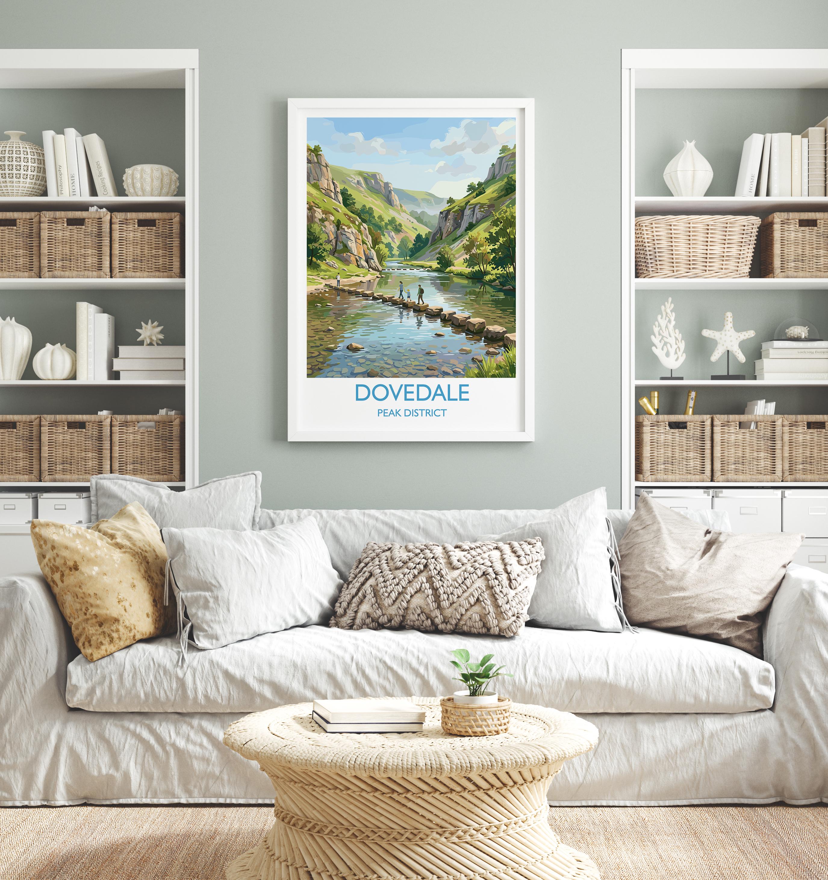 Dovedale Stepping Stones Travel Poster, Peak District Wall Art, Derbyshire Landscape Print, River Dove Illustration, UK Nature Decor