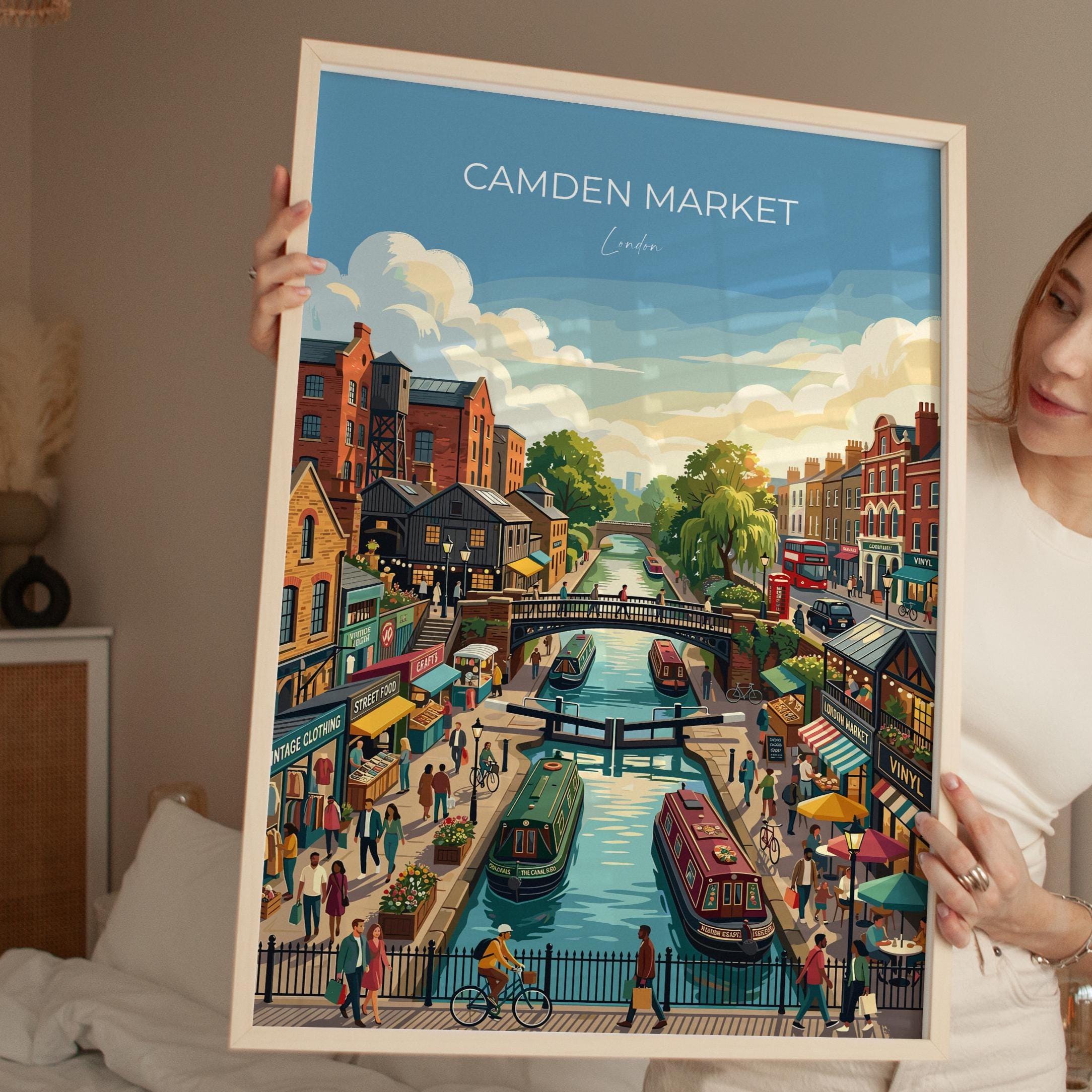 Camden Market London Travel Poster, Camden Lock Wall Art, Camden Town Print, Colourful Market & Canal, London Travel Poster