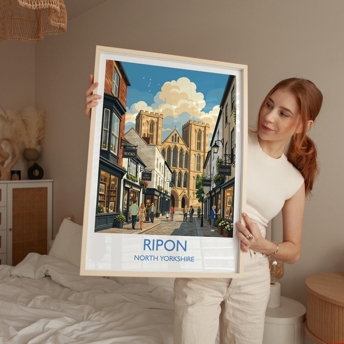 Ripon Cathedral Print, Yorkshire Wall Art with Border, Ripon Street Scene Poster, England Travel Print, Ripon Gift Print