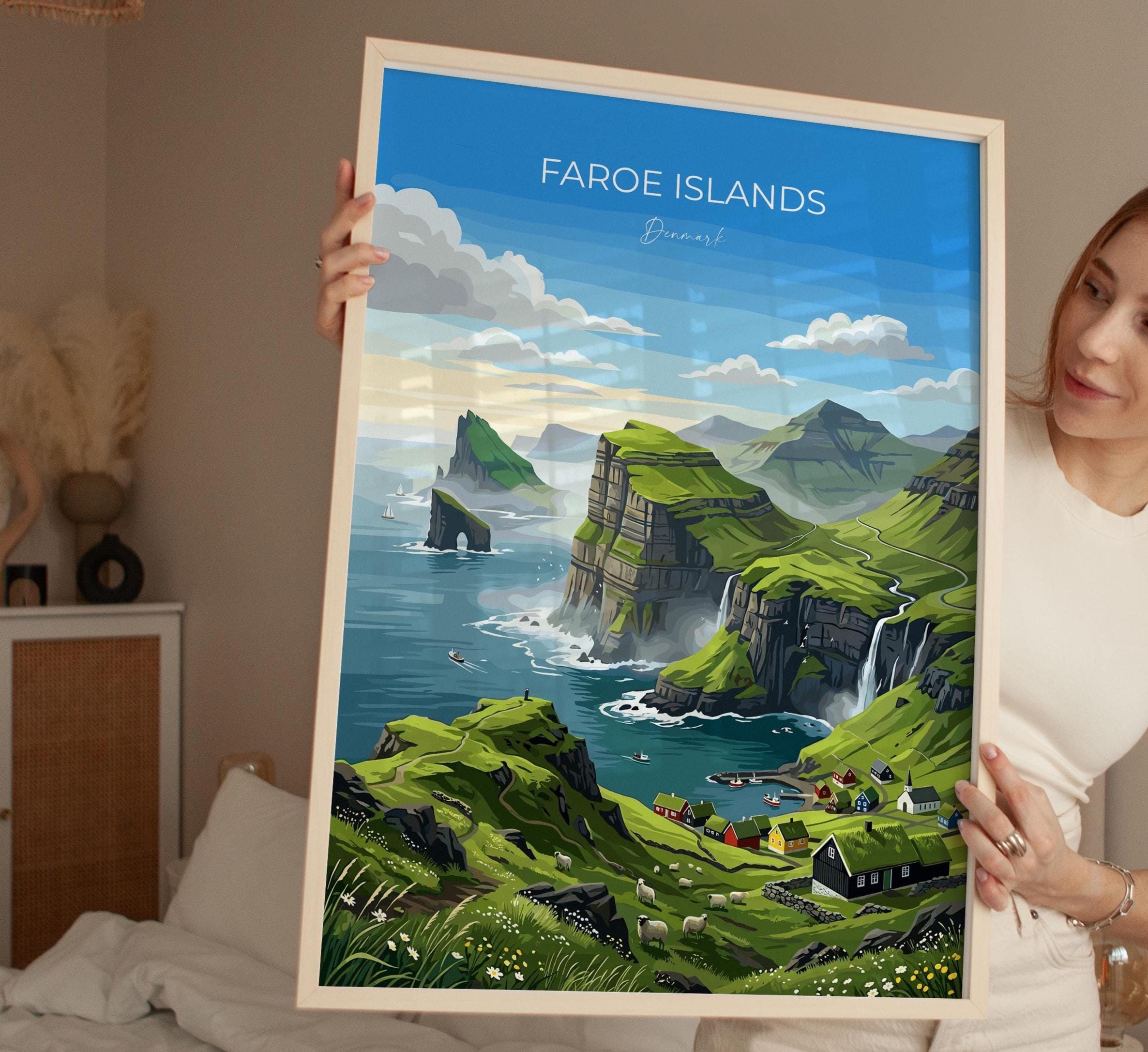 Faroe Islands Denmark Travel Print, Faroe Islands Wall Art, Nordic Landscape Poster, Dramatic Cliffs & Villages, Scandinavian Travel Decor