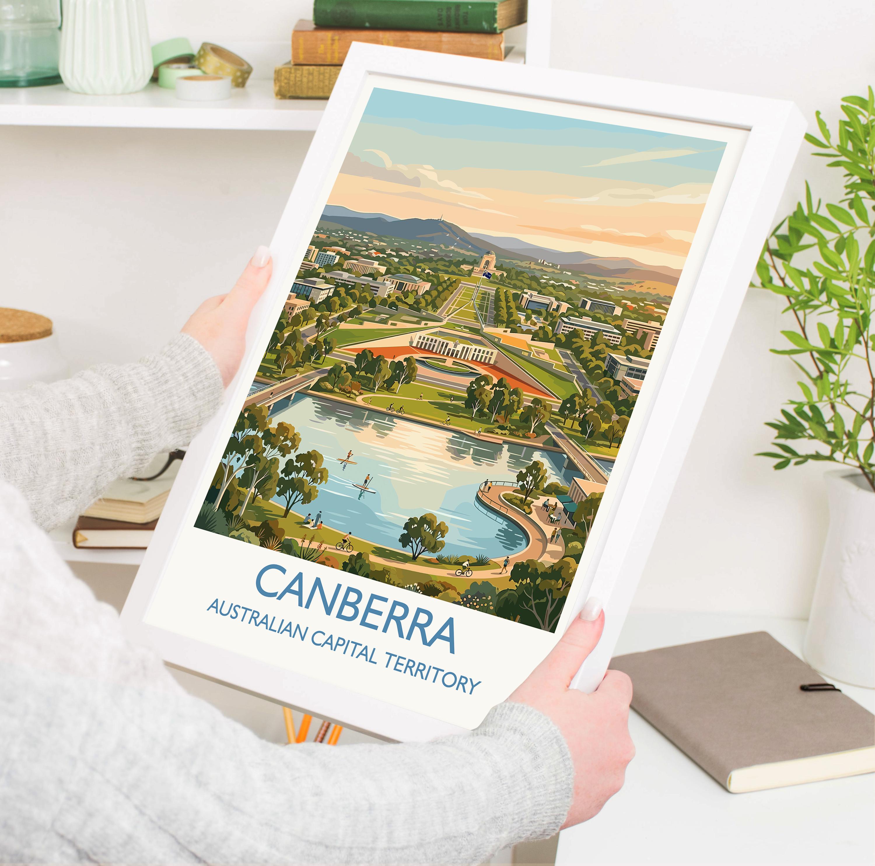Canberra Australia Travel Poster, Parliament House Wall Art, Australian Capital City Print, Lake Burley Griffin Illustration, Australia Art
