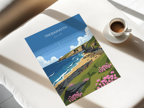 Trebarwith Travel Poster, Travel Print of Trebarwith, England, Cornwall Art, Trebarwith Art Lovers Gift, Wall Art Print