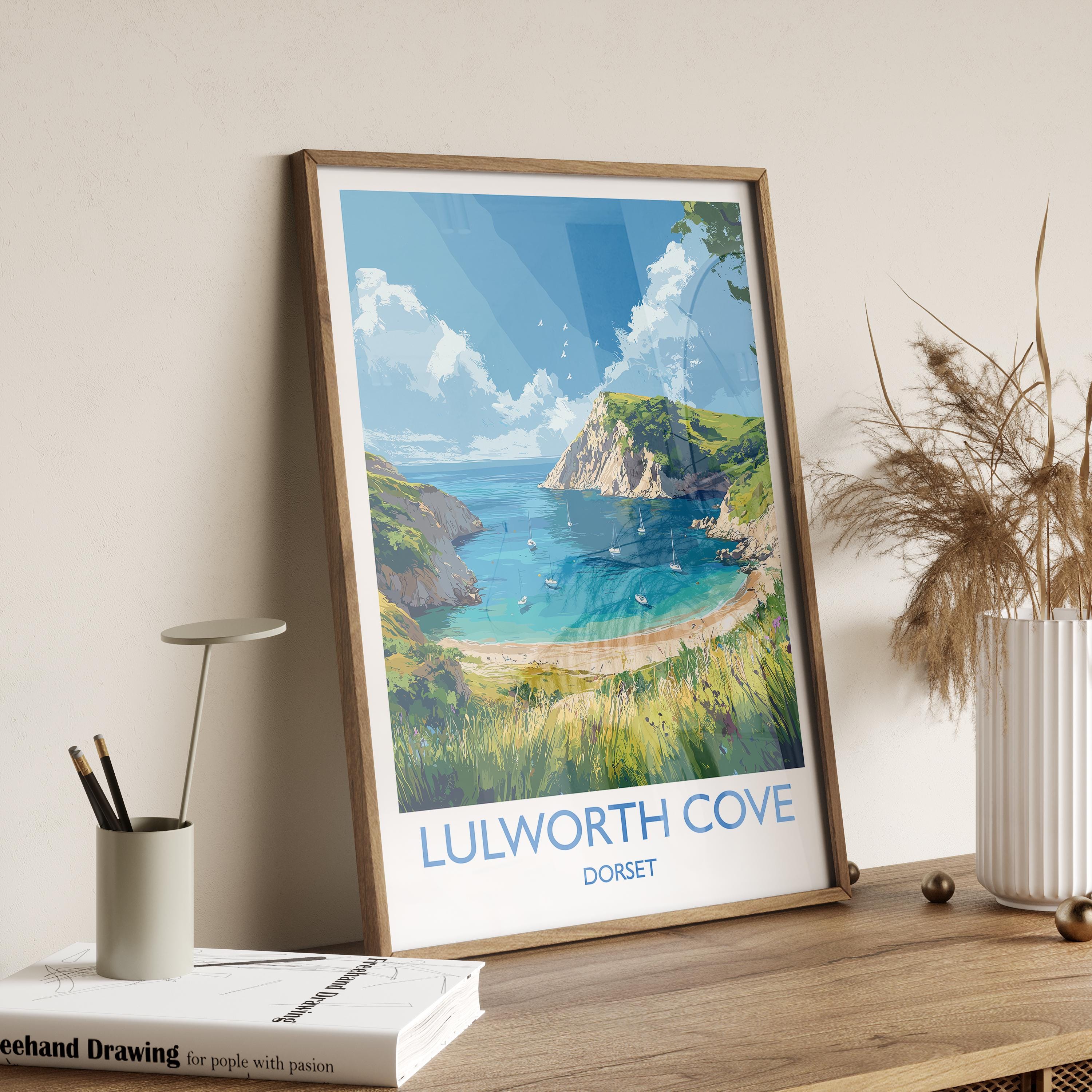 Lulworth Cove Travel Print, Travel Poster of Lulworth Cove, England, Dorset Coast Art, Dorset Gift, Wall Art Print NQ Media Designs