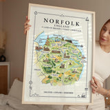 Norfolk Illustrated Map Print, England Wall Art, Norfolk Broads Map Poster, Framed or Canvas Print, Norfolk Gift