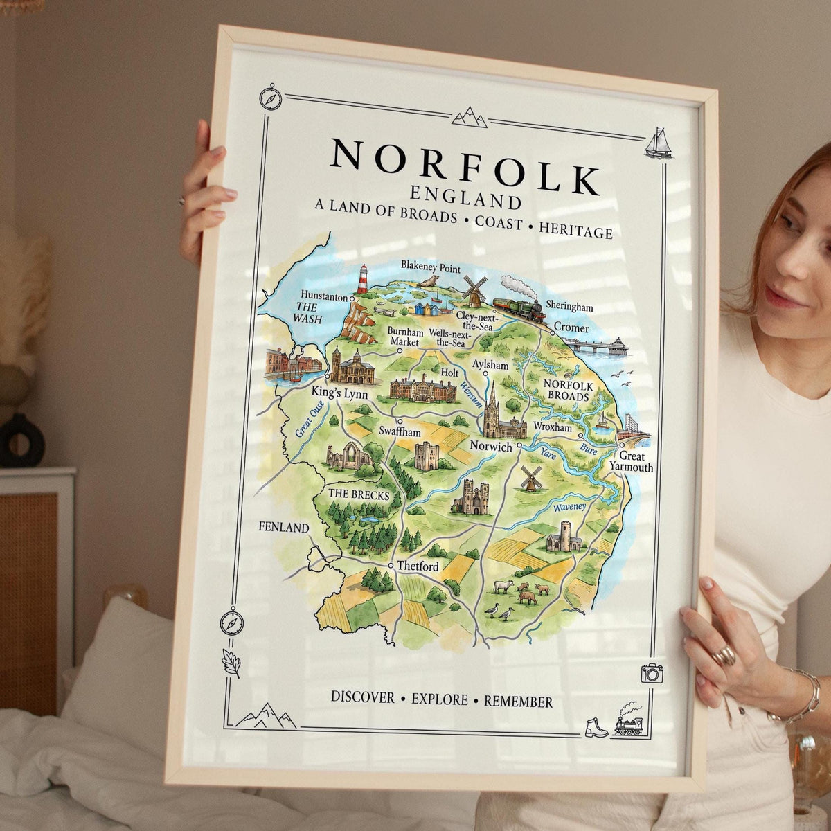 Norfolk Illustrated Map Print, England Wall Art, Norfolk Broads Map Poster, Framed or Canvas Print, Norfolk Gift