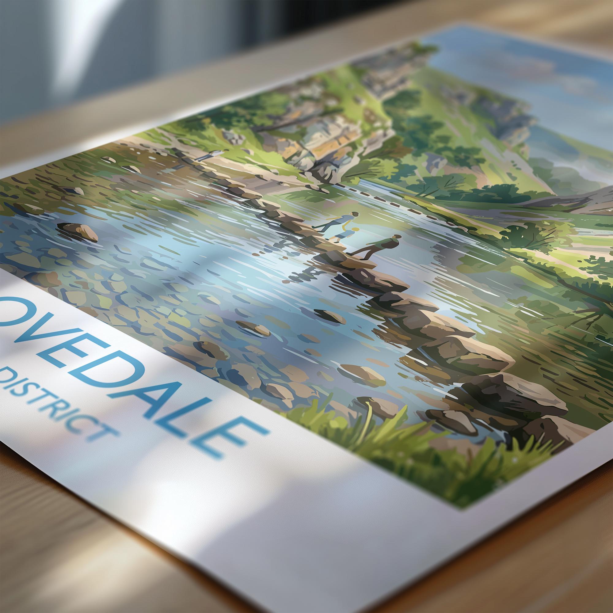 Dovedale Stepping Stones Travel Poster, Peak District Wall Art, Derbyshire Landscape Print, River Dove Illustration, UK Nature Decor