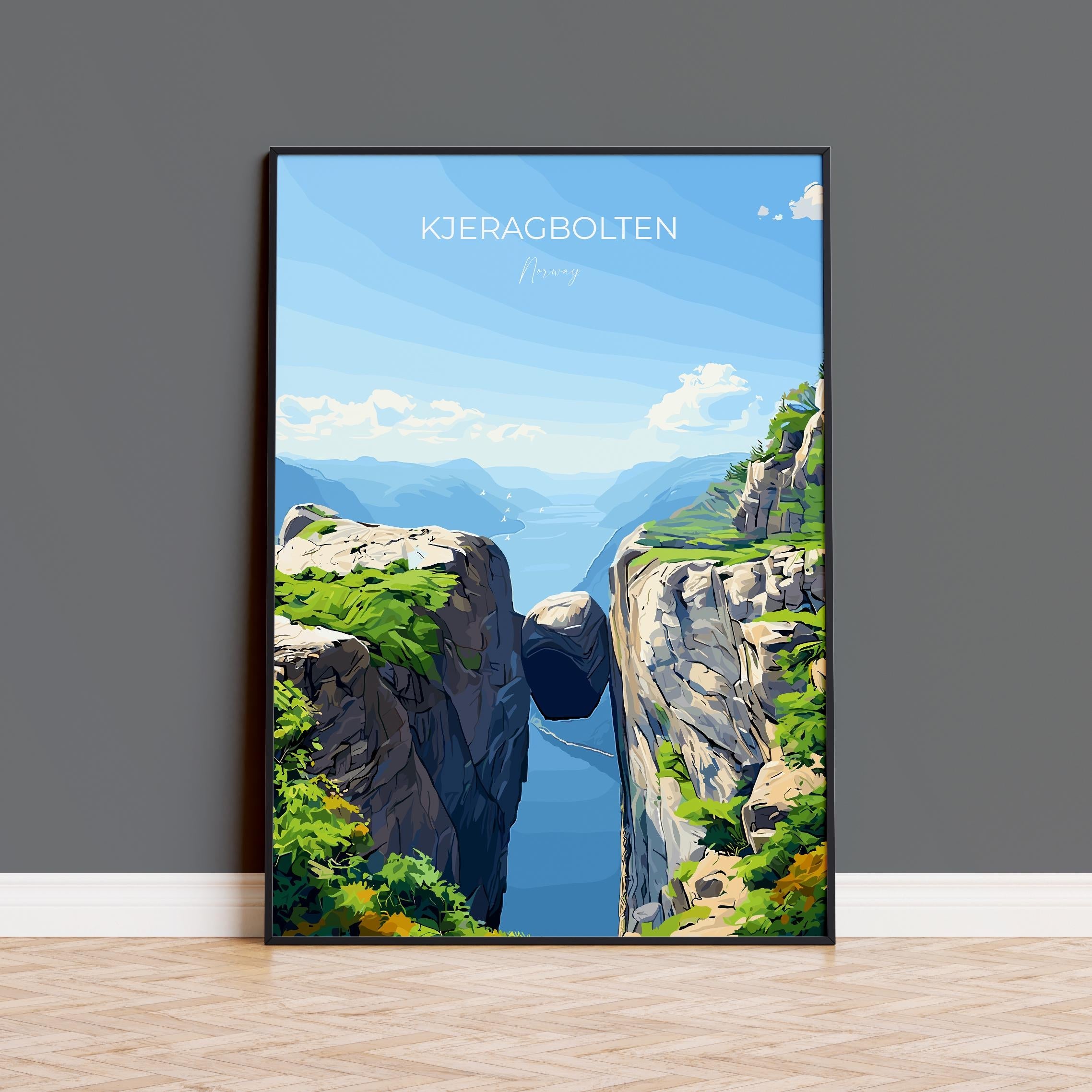 Kjeragbolten Travel Poster, Travel Print of Fjords, Norway Poster, Kjeragbolten Art Gift, Norway Art Lovers Travel Gift NQ Media Designs