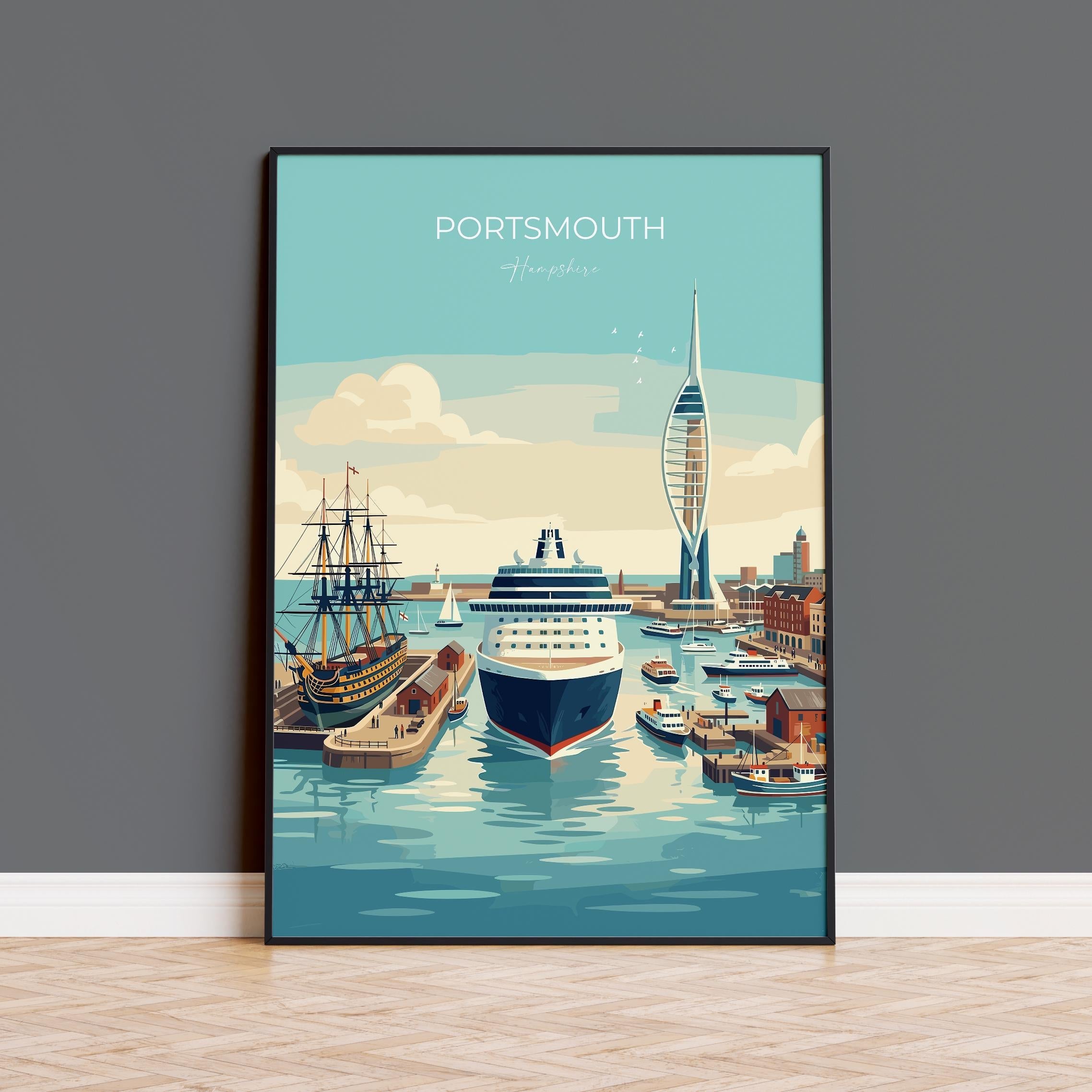 Portsmouth Travel Print Poster, Southsea & Spinnaker Tower Wall Art, Hampshire Coastal City Illustration, UK Travel Decor, Seaside Gift NQ Media Designs