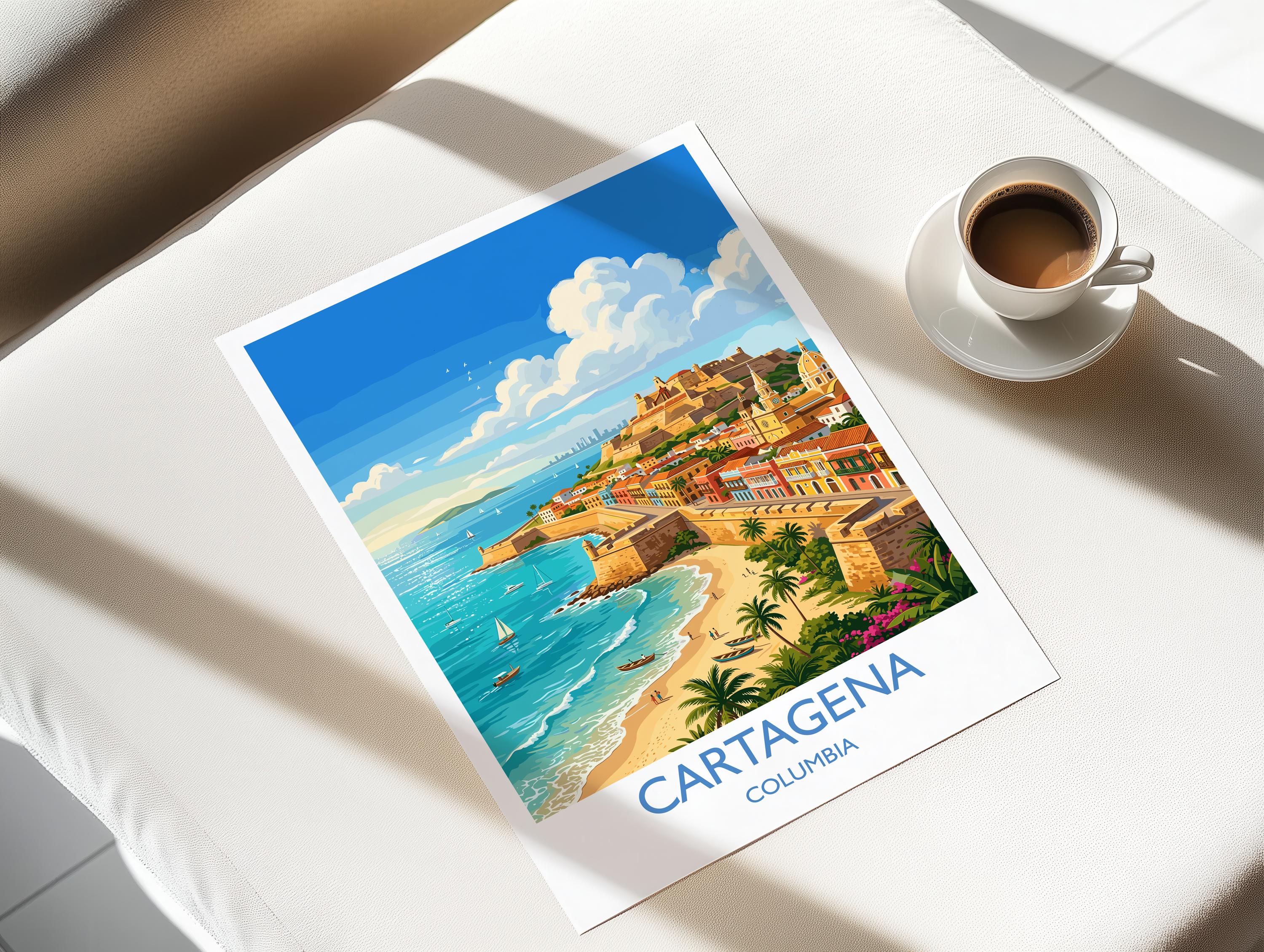 Cartagena Colombia Travel Poster, Colourful Old Town Street Art, Cartagena Street Scene Print, Caribbean Travel Wall Art, Vintage Style Art