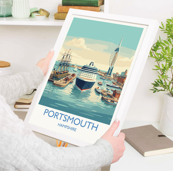 Portsmouth Travel Poster Print, Southsea & Spinnaker Tower Wall Art, Hampshire Coastal City Illustration, UK Travel Decor, Seaside Gift