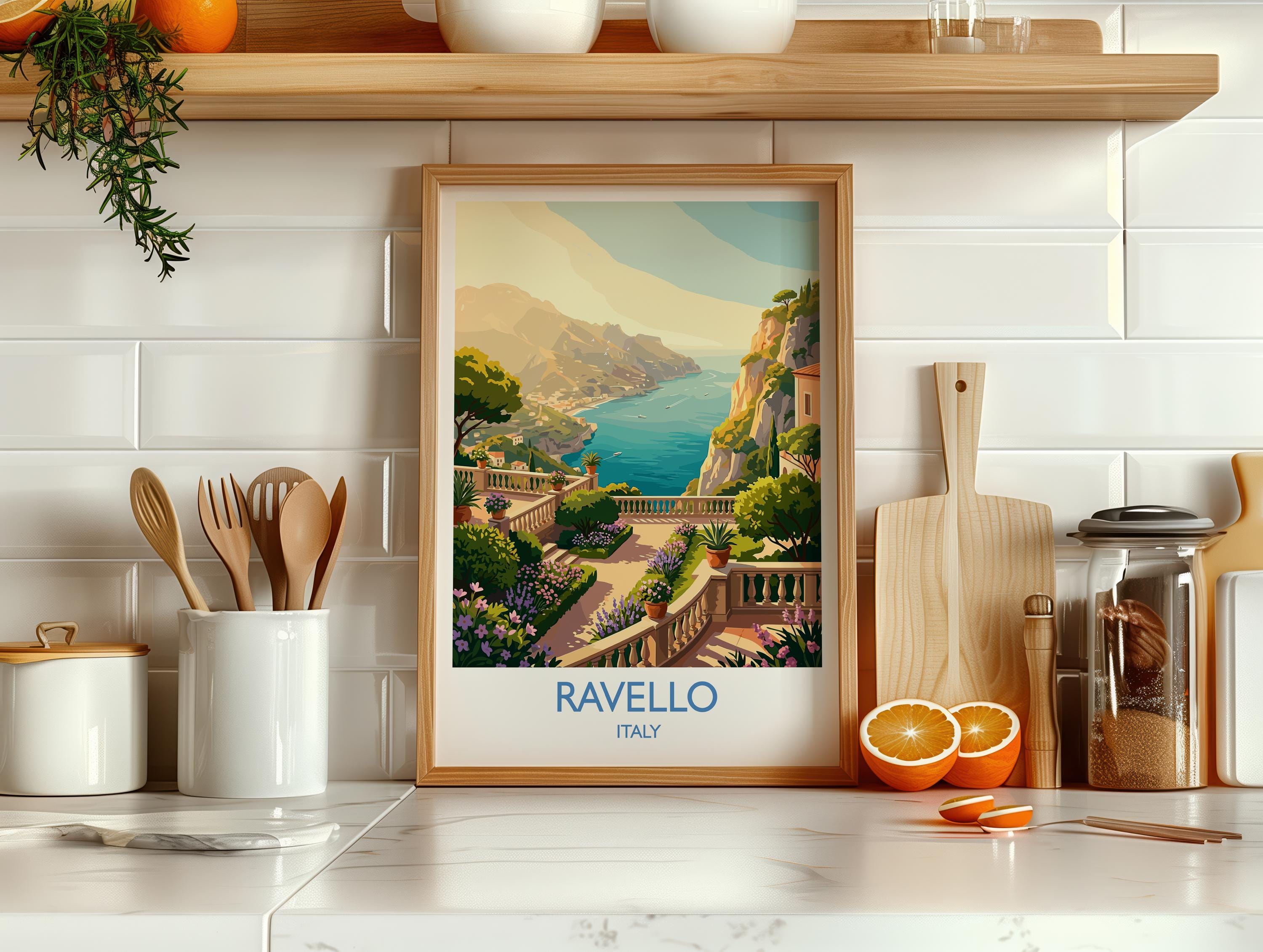 Ravello Italy Travel Poster, Amalfi Coast Wall Art, Mediterranean Cliffside Village Print, Scenic Coastal Illustration, Vintage Style Decor