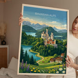 Bavarian Alps Travel Print, Neuschwanstein Castle Wall Art, Bavaria Germany Poster, Alpine Mountain Landscape Illustration, Europe Decor