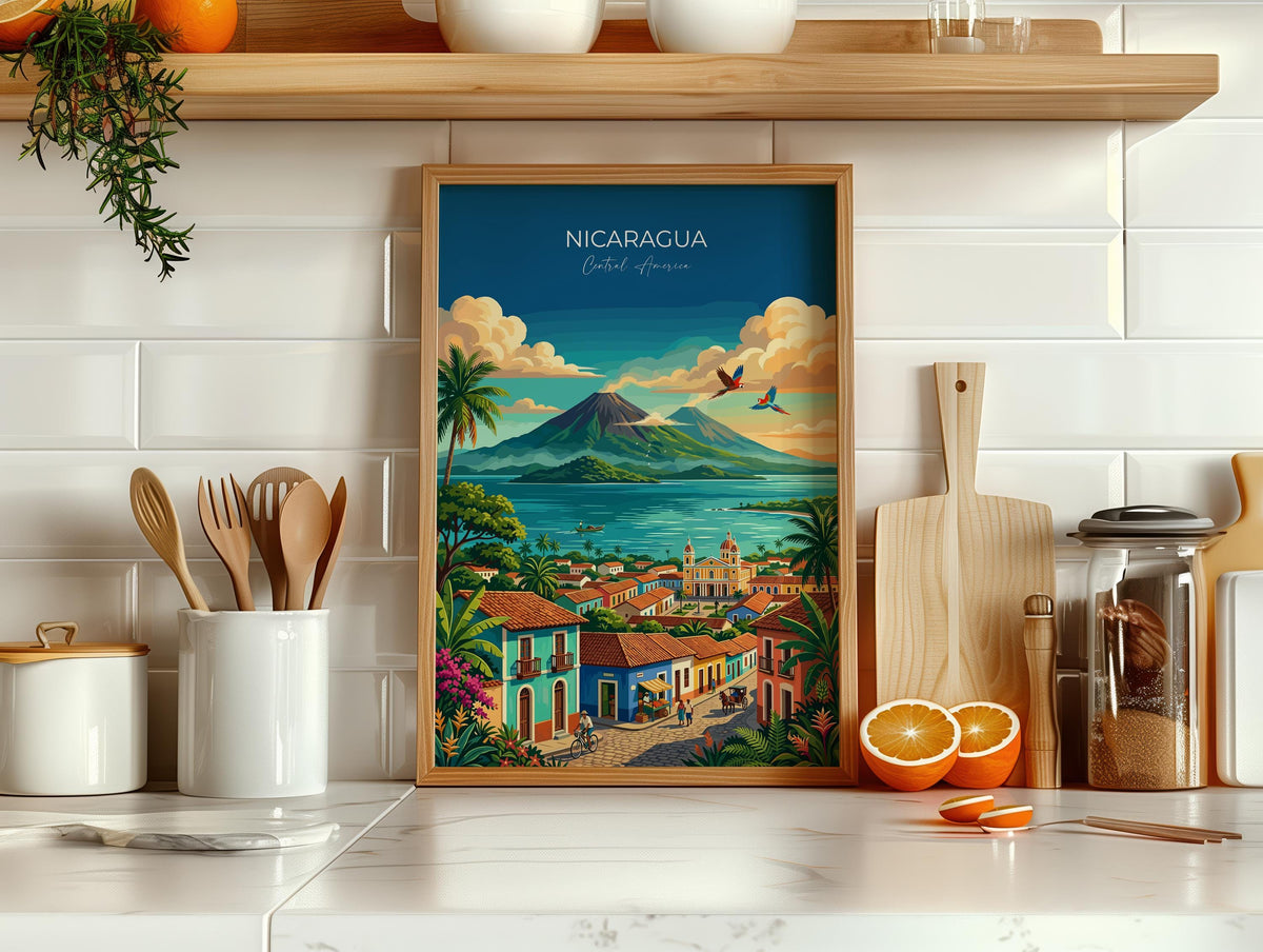 Nicaragua Travel Poster, Granada Cathedral Wall Art, Ometepe Volcano Print, Lake Nicaragua & Colonial City, Central America Travel Poster