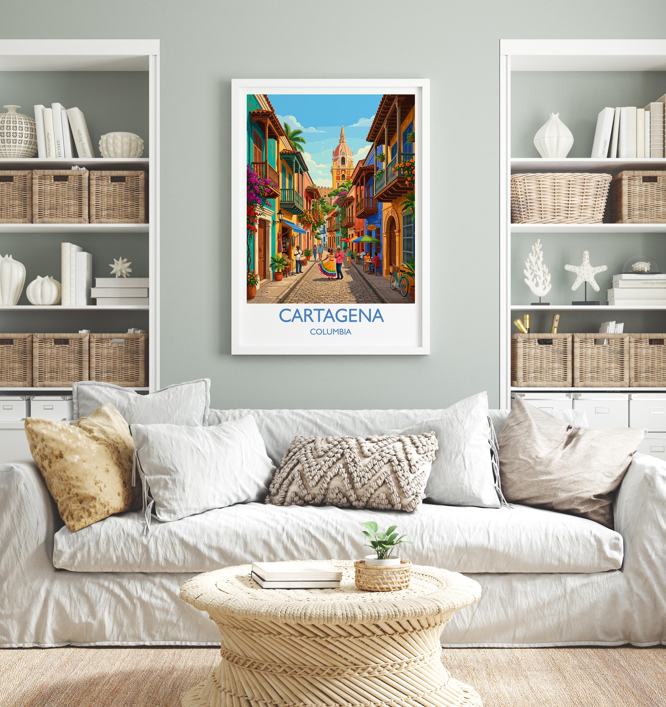 Cartagena Colombia Travel Poster, Colourful Old Town Street Art, Cartagena Street Scene Print, Caribbean Travel Wall Art, Vintage Style Art