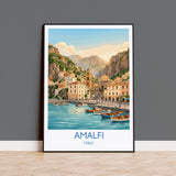 Amalfi Italy Travel Poster, Amalfi Coast Wall Art, Mediterranean Seaside Print, Colourful Coastal Village Illustration, Vintage Europe Decor
