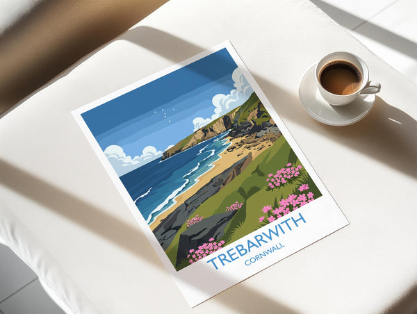 Trebarwith Travel Print, Travel Poster of Trebarwith, England, Cornwall Art, Trebarwith Art Lovers Gift, Wall Art Print