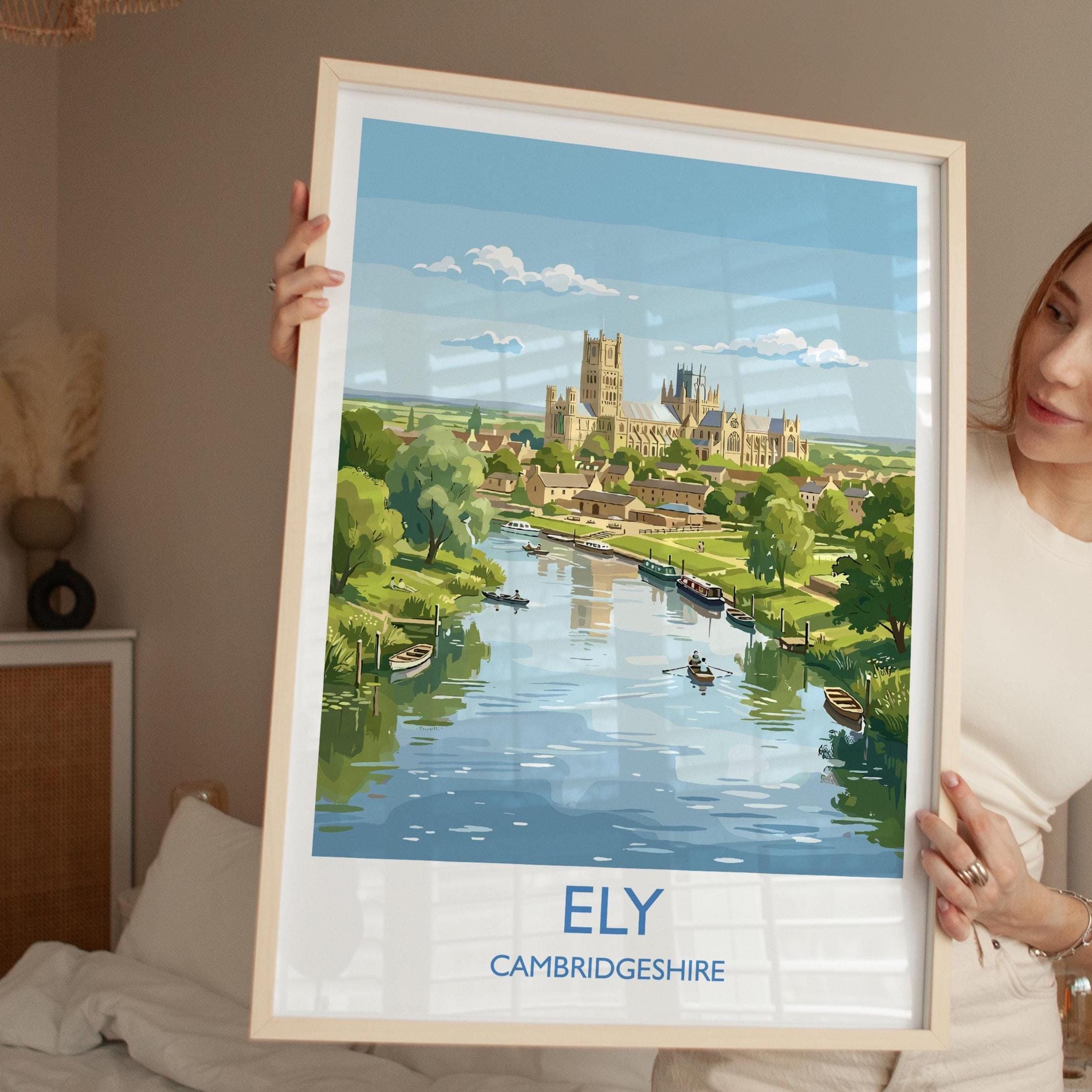 Ely Cathedral Travel Poster, Ely Cambridgeshire Wall Art, Historic England City Print, Gothic Cathedral Illustration, UK Decor, Ely Gift