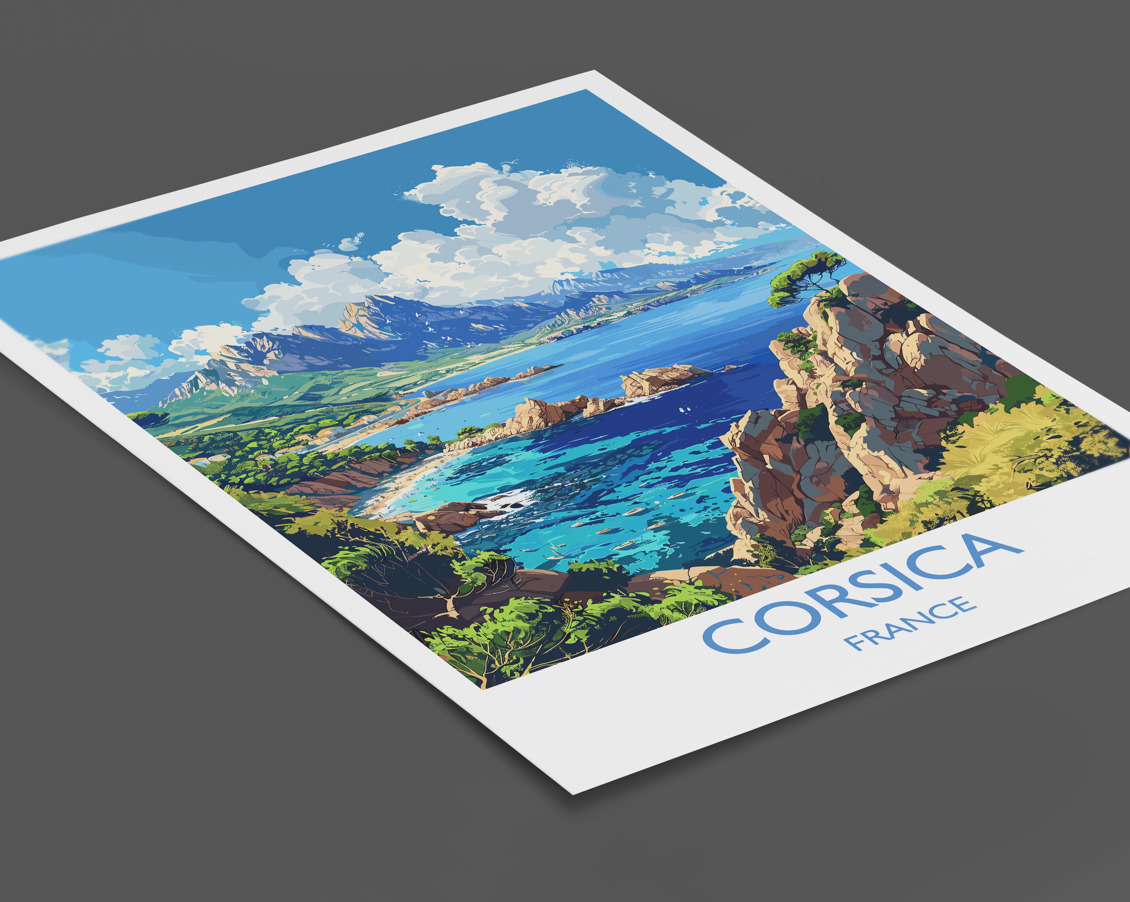 a poster of corsica france on a grey background