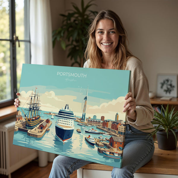 Portsmouth Landscape Travel Print Poster, Spinnaker Tower Wall Art, Hampshire Coastal City Illustration, UK Travel Decor, Seaside Gift