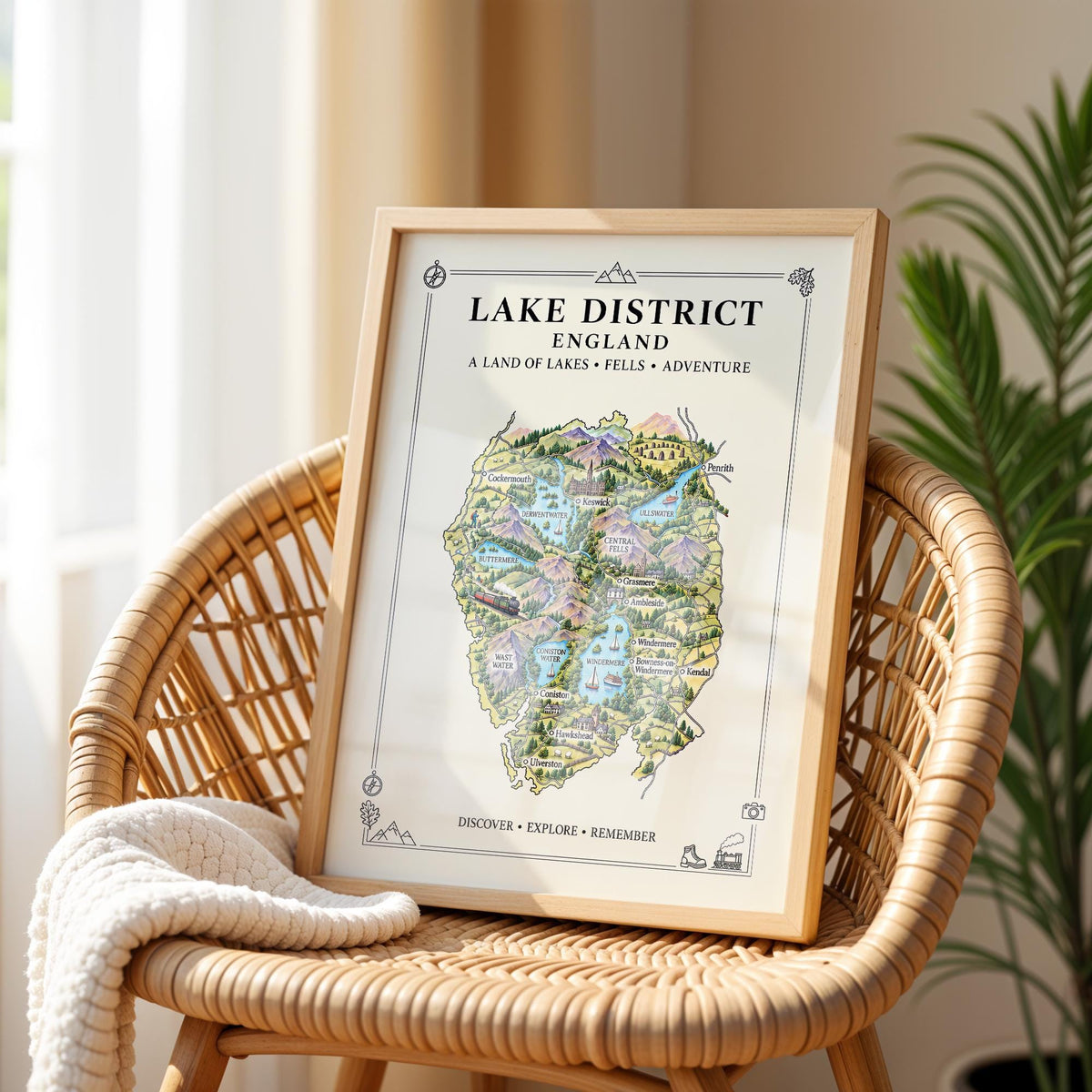 Lake District Illustrated Map Print, England Wall Art, Cumbria Map Poster, Framed or Canvas Print, Lake District Gift
