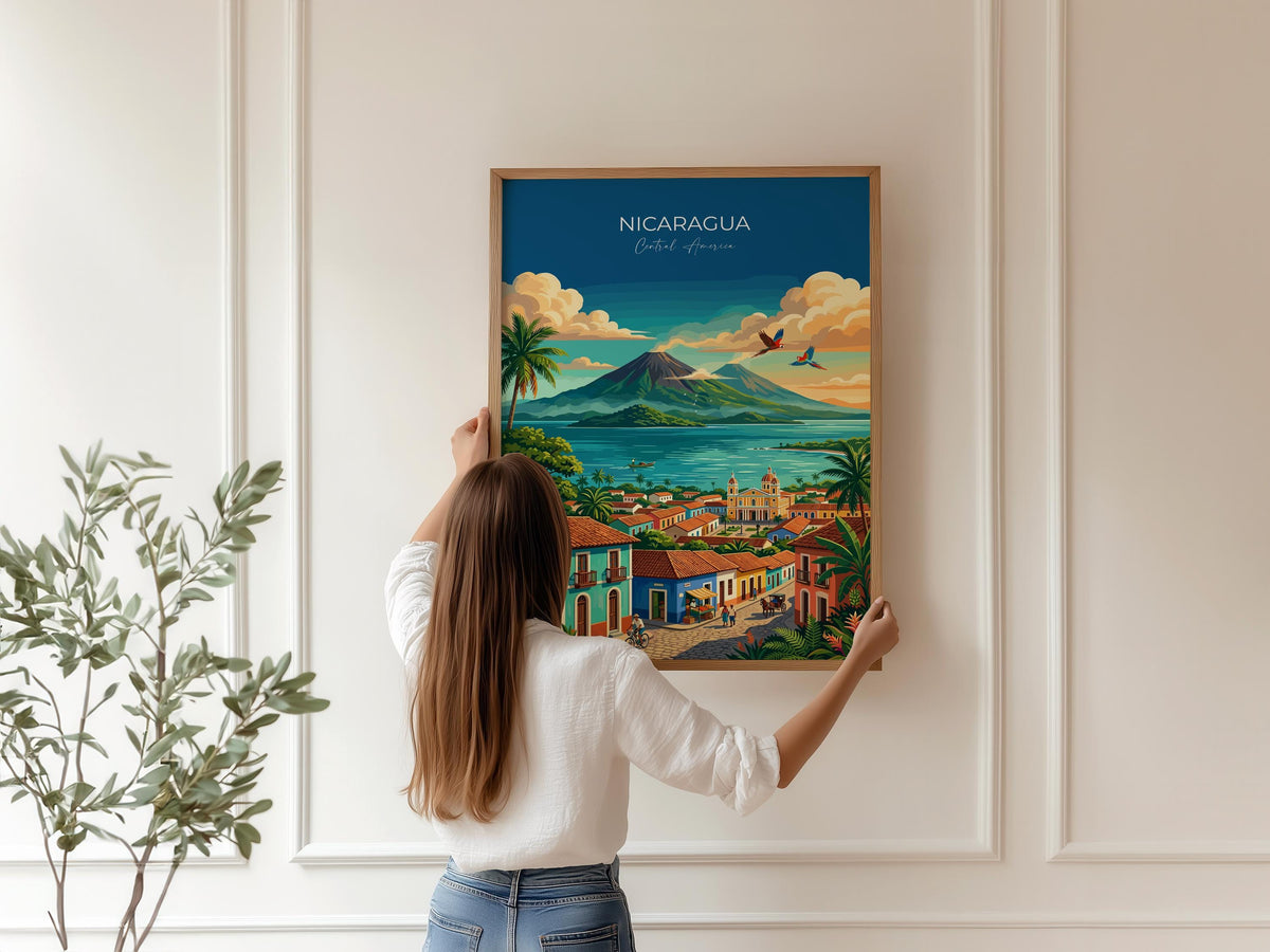 Nicaragua Travel Poster, Granada Cathedral Wall Art, Ometepe Volcano Print, Lake Nicaragua & Colonial City, Central America Travel Poster